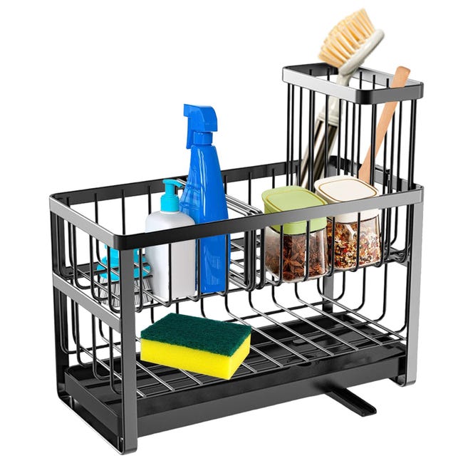 Zweistöckiger Spülbecken-schwammhalter, 23 Cm (9,1 Zoll) Spülbecken-organizer Aus Kohlenstoffstahl, Abnehmbarer Spülbecken-organizer Mit Abtropffläche Und Reinigungsbürste