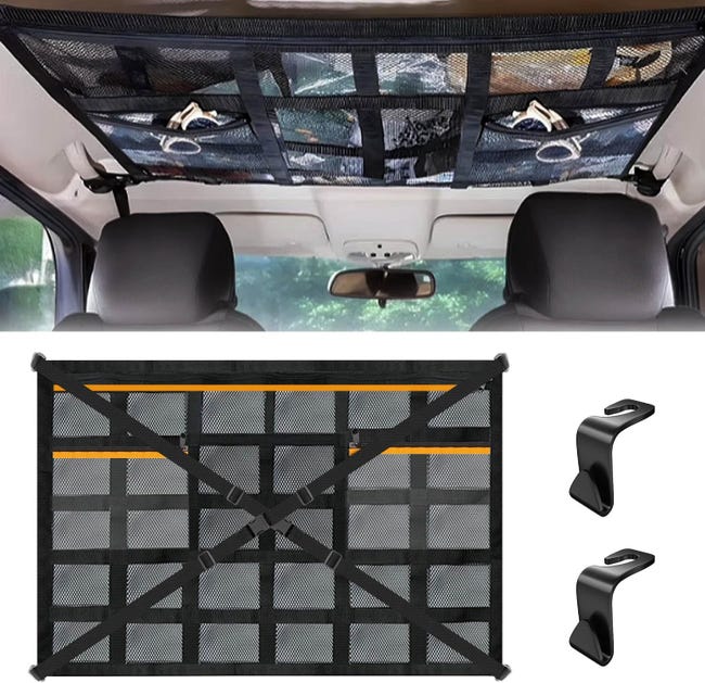 Auto-netz, 90×65cm Aufbewahrungsnetz, Wohnmobil-aufbewahrung, Mit Verstellbarem Kordelzug, 3 Reißverschlusstaschen Und 2 Haken