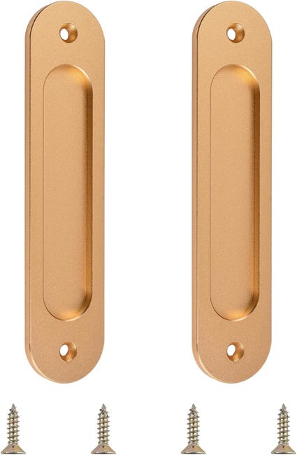 Set Aus 2 Ovalen, Eingelassenen Schiebetürgriffen Aus Mattgoldener Aluminiumlegierung Mit Befestigungsschrauben Für Schiebetüren Im Scheunenstil