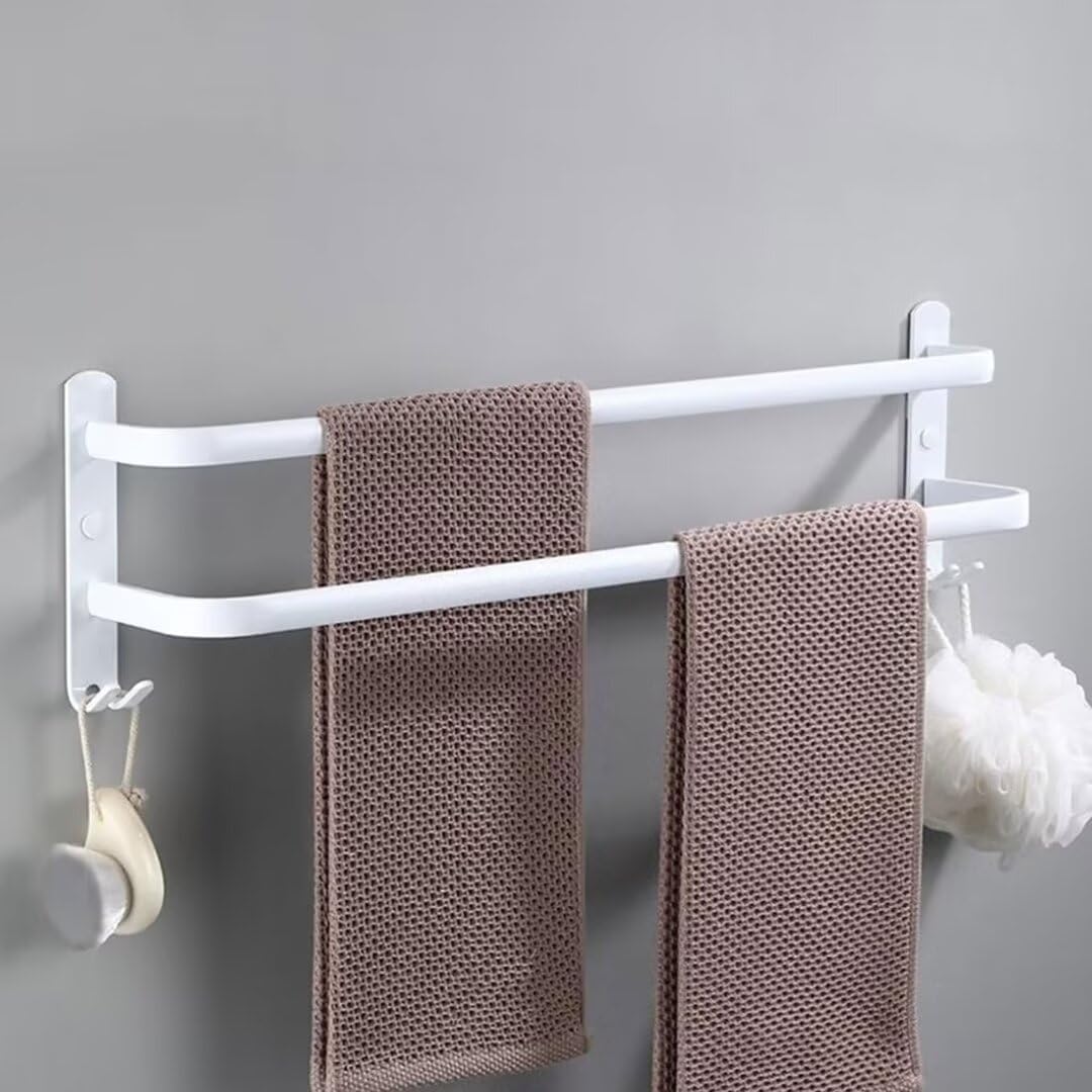 Wandmontierter Handtuchhalter Aus Hochwertigem Aluminium Mit 2 Haken – Montage Mit Oder Ohne Bohren – Für Bad, Hotel Oder Küche – Weiß, 2 Ebenen, 40 Cm