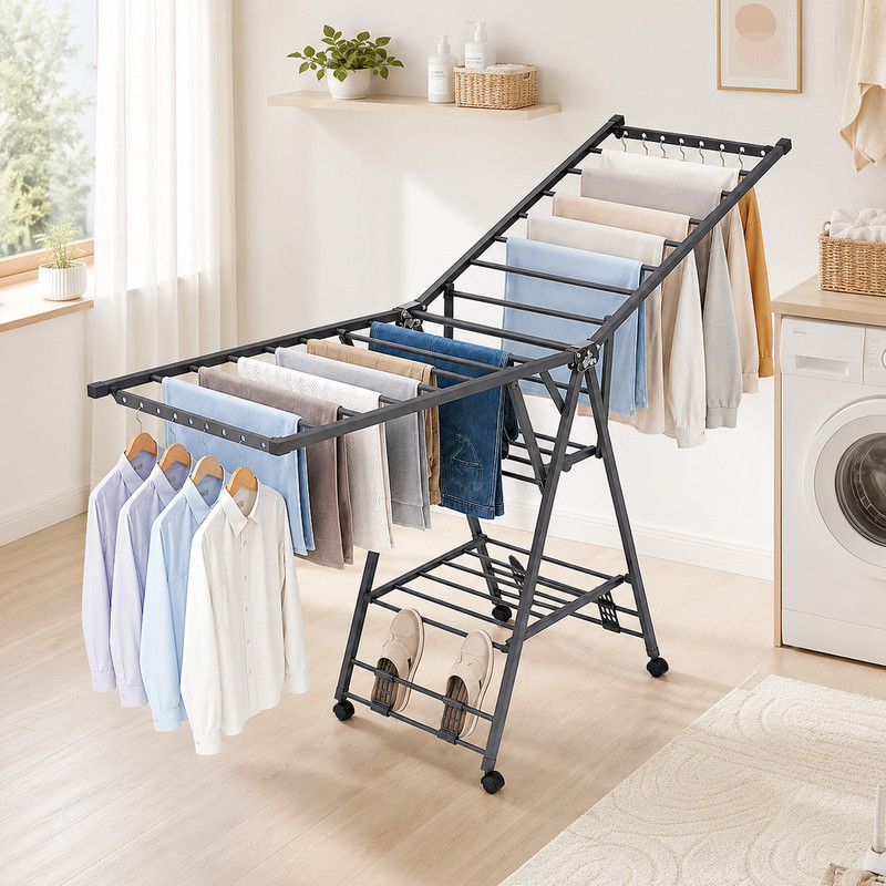 Fianao – Wäschetrockner – Wäscheständer – Faltbar, Stehend Mit Rollen & Schuhablage – Bis 90 Kg Tragkraft, Metall – Für Innen & Außen – Maße: 180 × 45 × 98 Cm – Schwarz