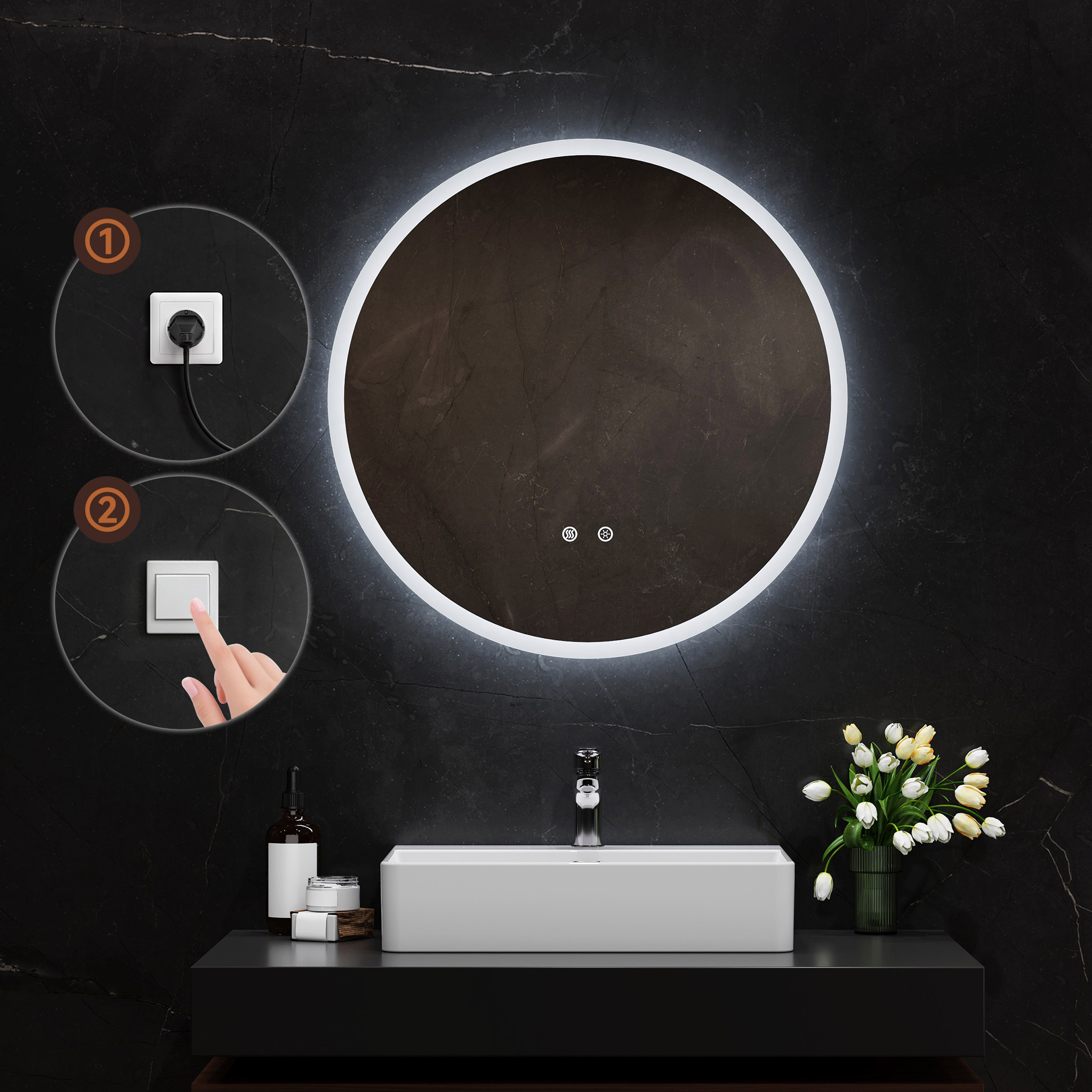 Horow Led Badspiegel 60 × 60 Cm, Badezimmerspiegel Mit 3 Lichtfarben, Dimmfunktion Und Anti-beschlag, Ip44, Touch-schalter