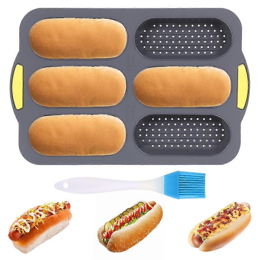 Silikonform, Hot-dog-brötchenform Mit Ölpinsel, 6-teilige Antihaft-backform Für Französisches Brot, Graue Variante