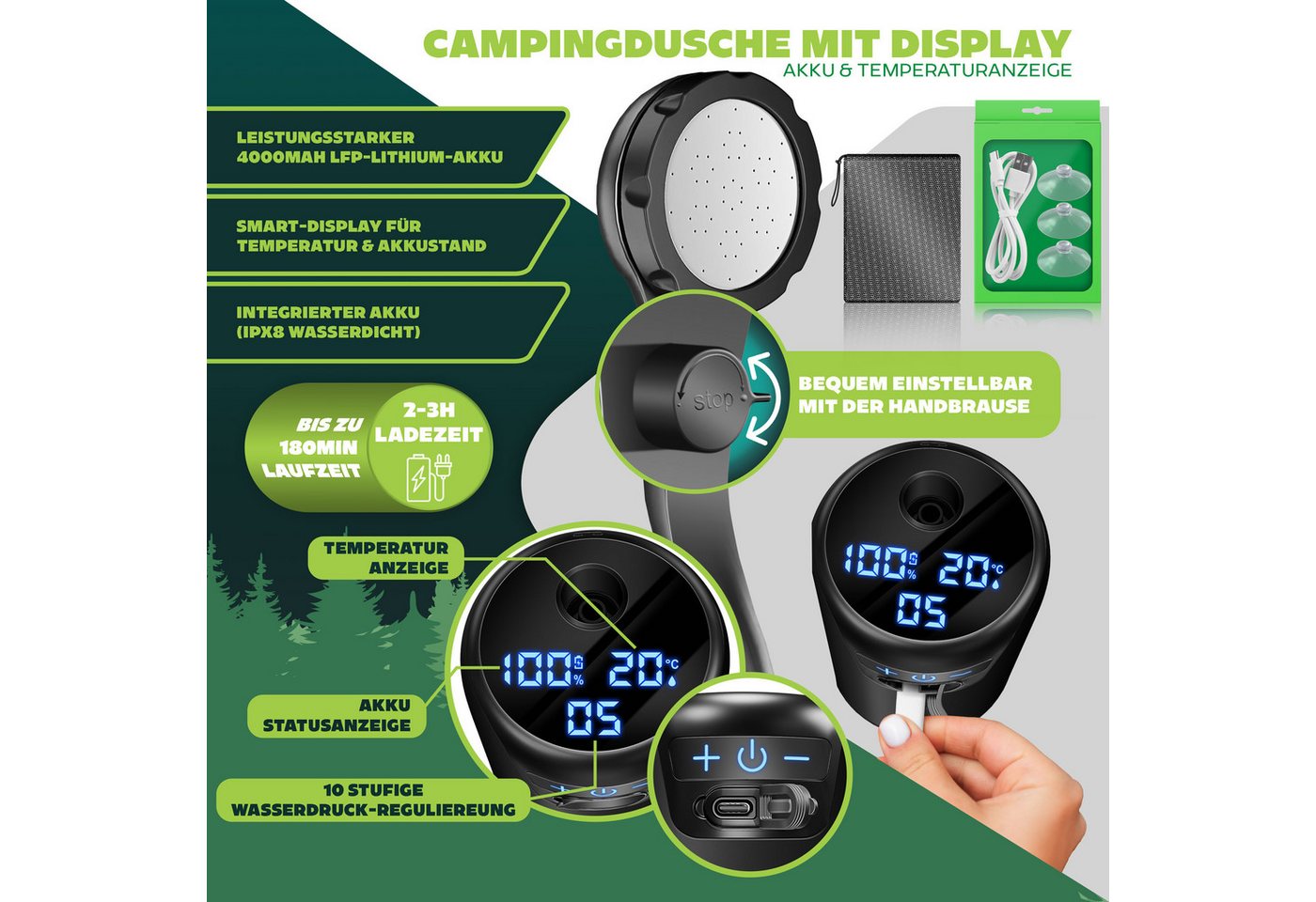 Kesser® Campingdusche, Pumpe, Akku 8000 Mah - Ohne Behälter, Schwarz / Schwarz