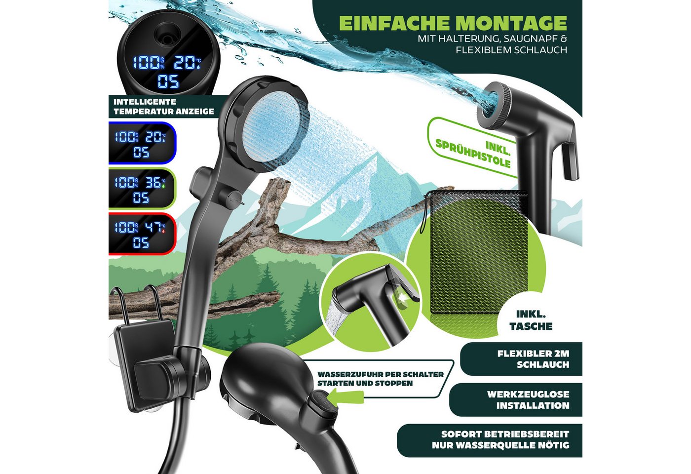 Kesser® Campingdusche, Pumpe, Akku 8000 Mah - Ohne Behälter, Schwarz / Schwarz Bild 3