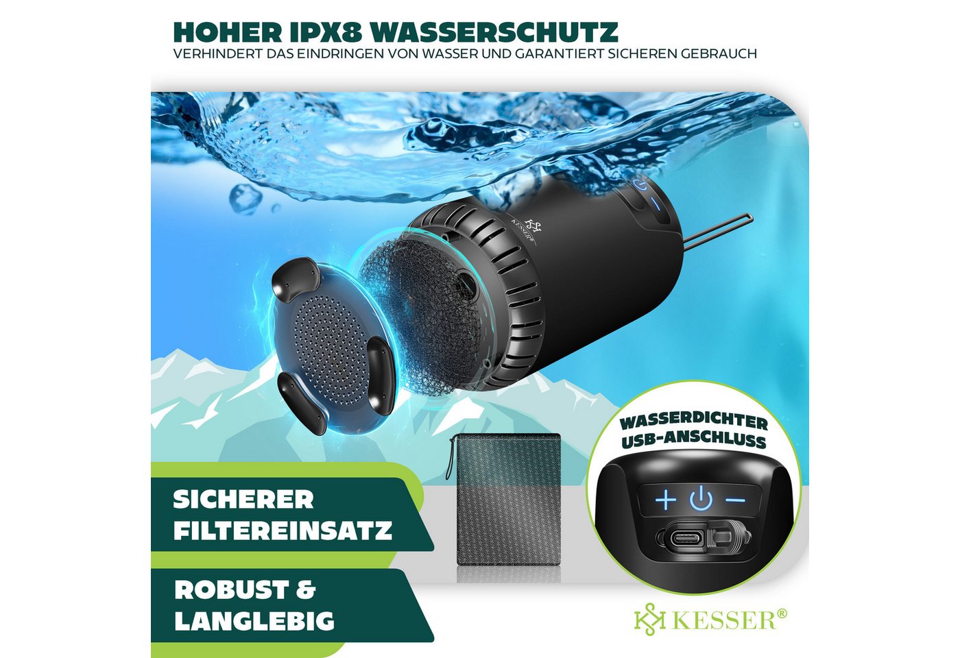 Kesser® Campingdusche, Pumpe, Akku 8000 Mah - Ohne Behälter, Schwarz / Schwarz Bild 4