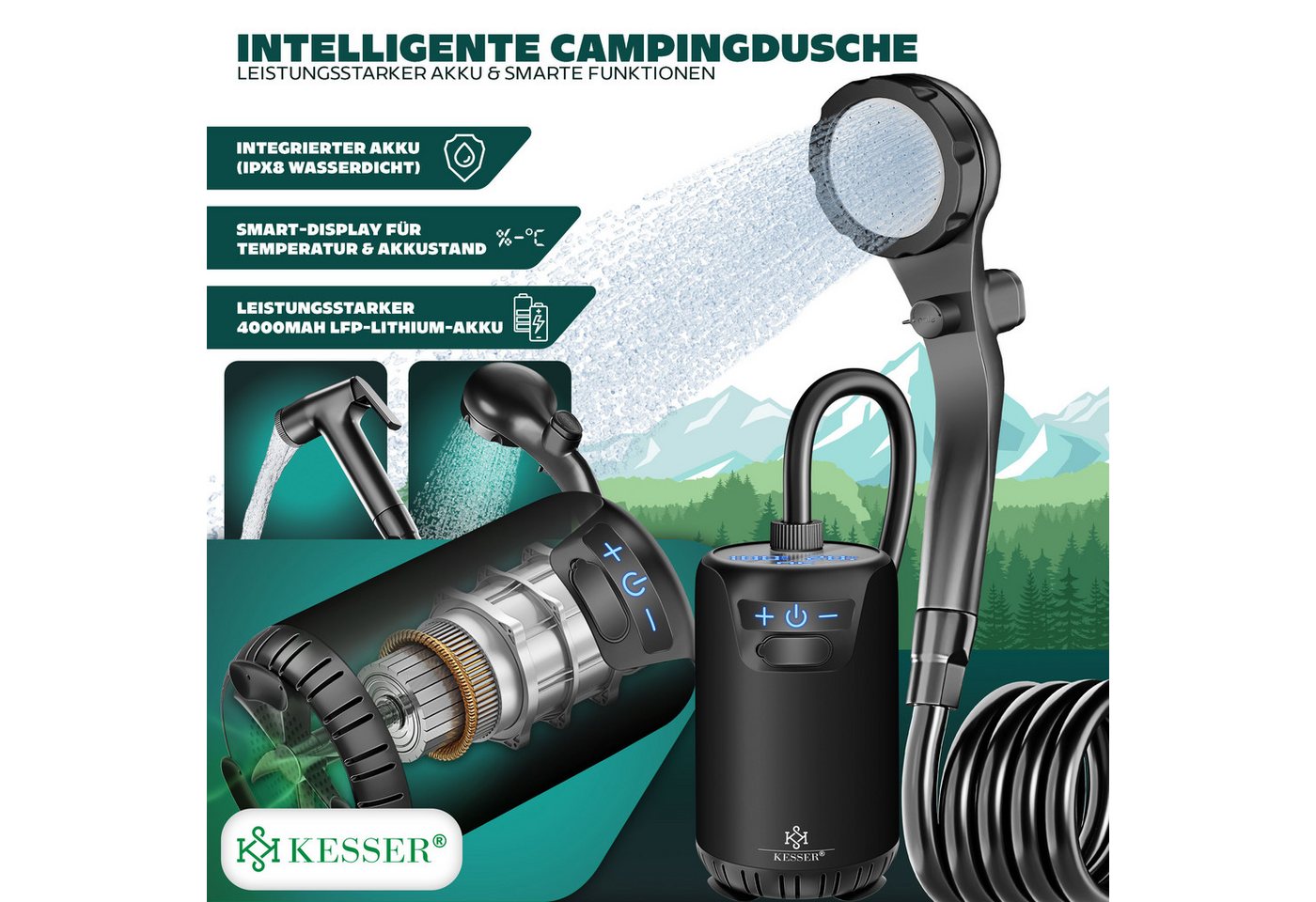 Kesser® Campingdusche, Pumpe, Akku 8000 Mah - Ohne Behälter, Schwarz / Schwarz Bild 5
