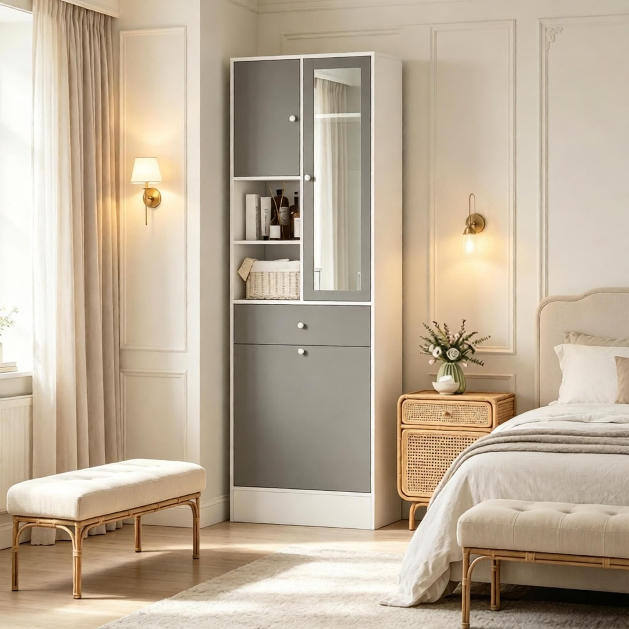 Hoher Lagerschrank,badezimmerschrank Mit Wäschekorb Und Spiegel