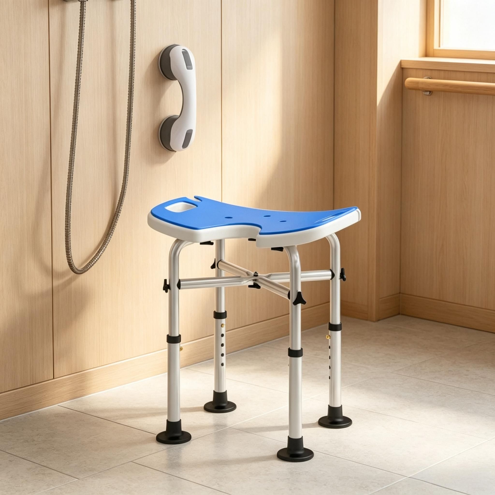 Höhenverstellbarer Duschhocker 39–51,5 Cm, Mit Sauggriff Und Saugfüßen, Dunkelblau