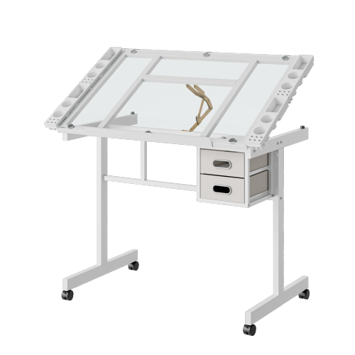 Zeichentisch Höhenverstellbar, Zeichenpult Mit Glasplatte, 2 Schubladen & 4 Rollen, 103x60x78 Cm, Weiß