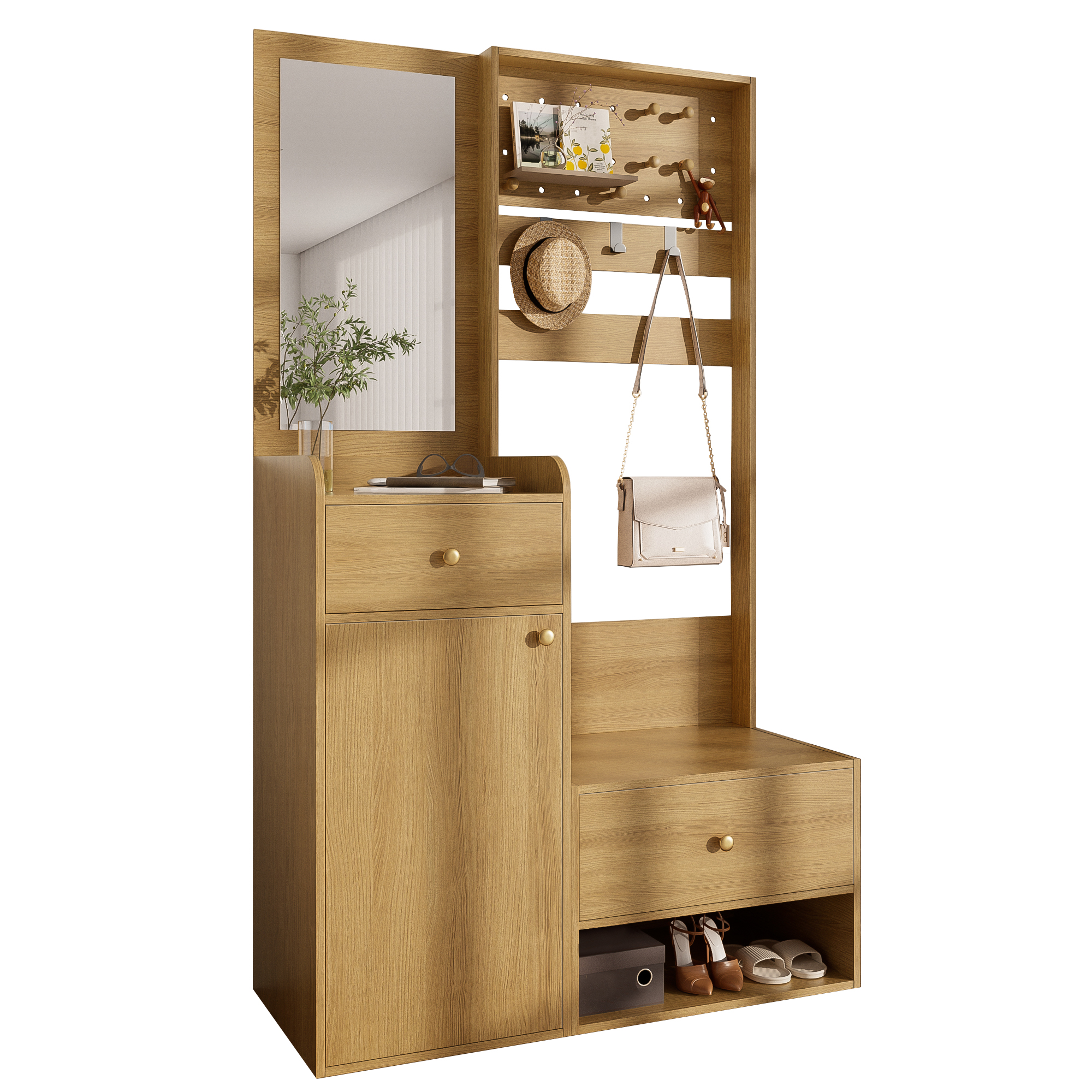 Kompaktgarderobe, Modernes Multifunktionales Eingangsregal – Elegante Holzfarbene Aufbewahrung Mit Spiegel