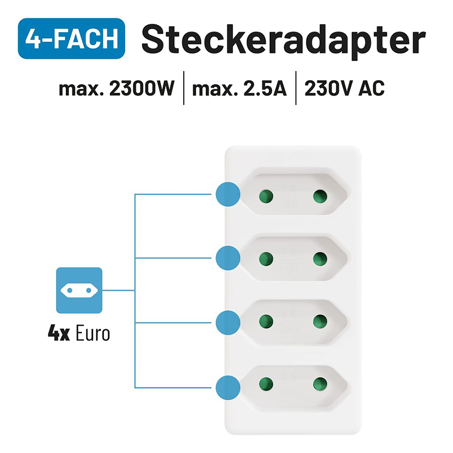 Mehrfachsteckdose 4-fach, Europäisch, Mit Kindersicherung, 2300w, Weiß, Ohne Schalter