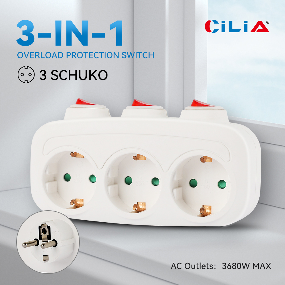 Mehrfachsteckdose 3-in-1, 3 Separate Schalter, 16a 3500w, Schuko, Weiß