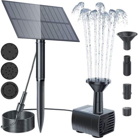 Außen-solarbrunnen 1,5 W – Mehrere Düsen – Schlauch 1,5 M + Erdspieß – Für Vogelbad, Teich, Garten