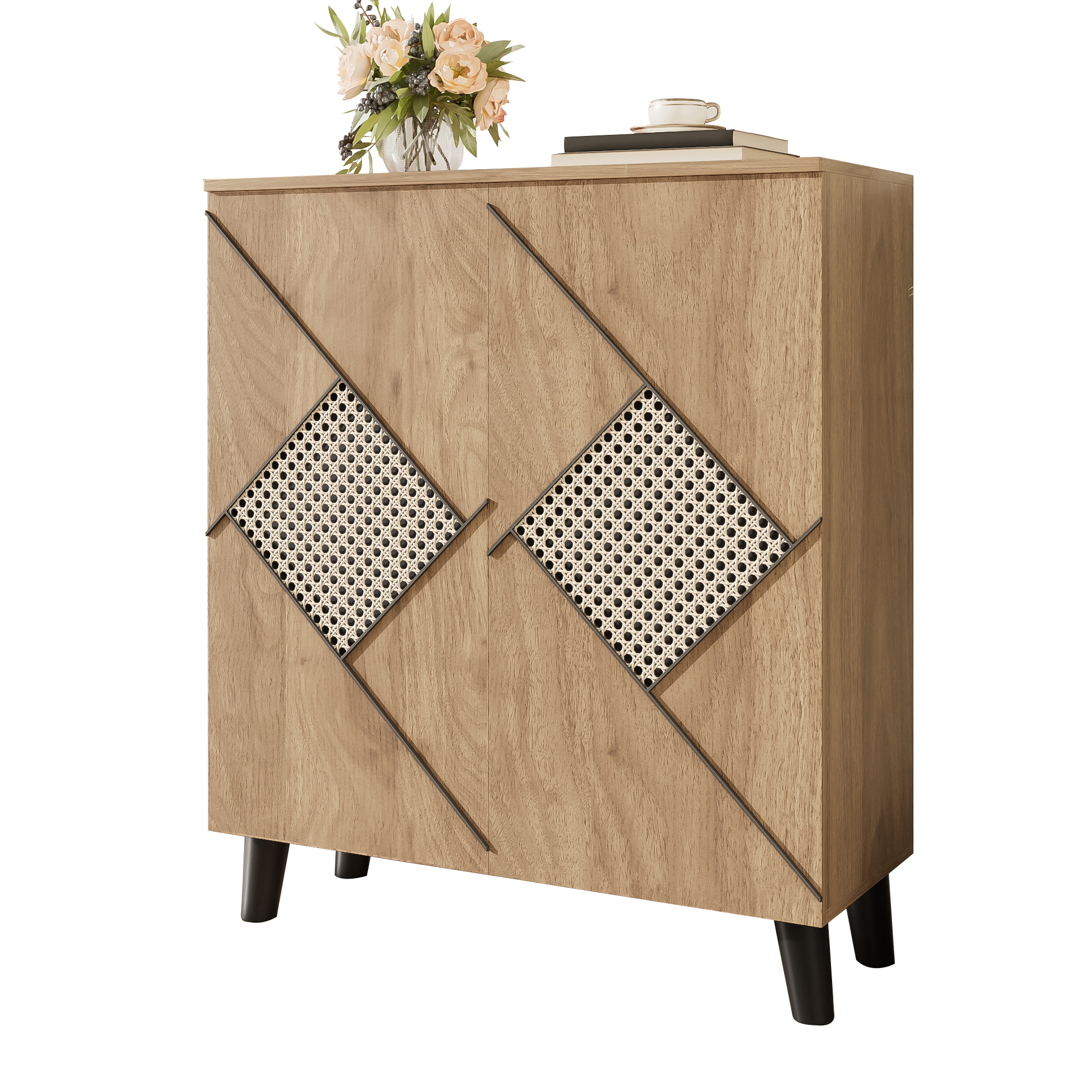 Moderner Schuhschrank Mit Dekorativem Rattanmuster, 80×32×91 Cm, Stilvoller Flurschrank Mit Stauraum