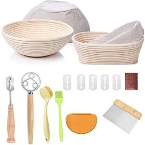 Set Aus Gärkörben Für Sauerteig, Bestehend Aus Runden Und Ovalen Körben Aus 100 % Natürlichem Rattan, Einem Teigkarte, Einem Teigschaber Und Einer Bürste. Kit Für L