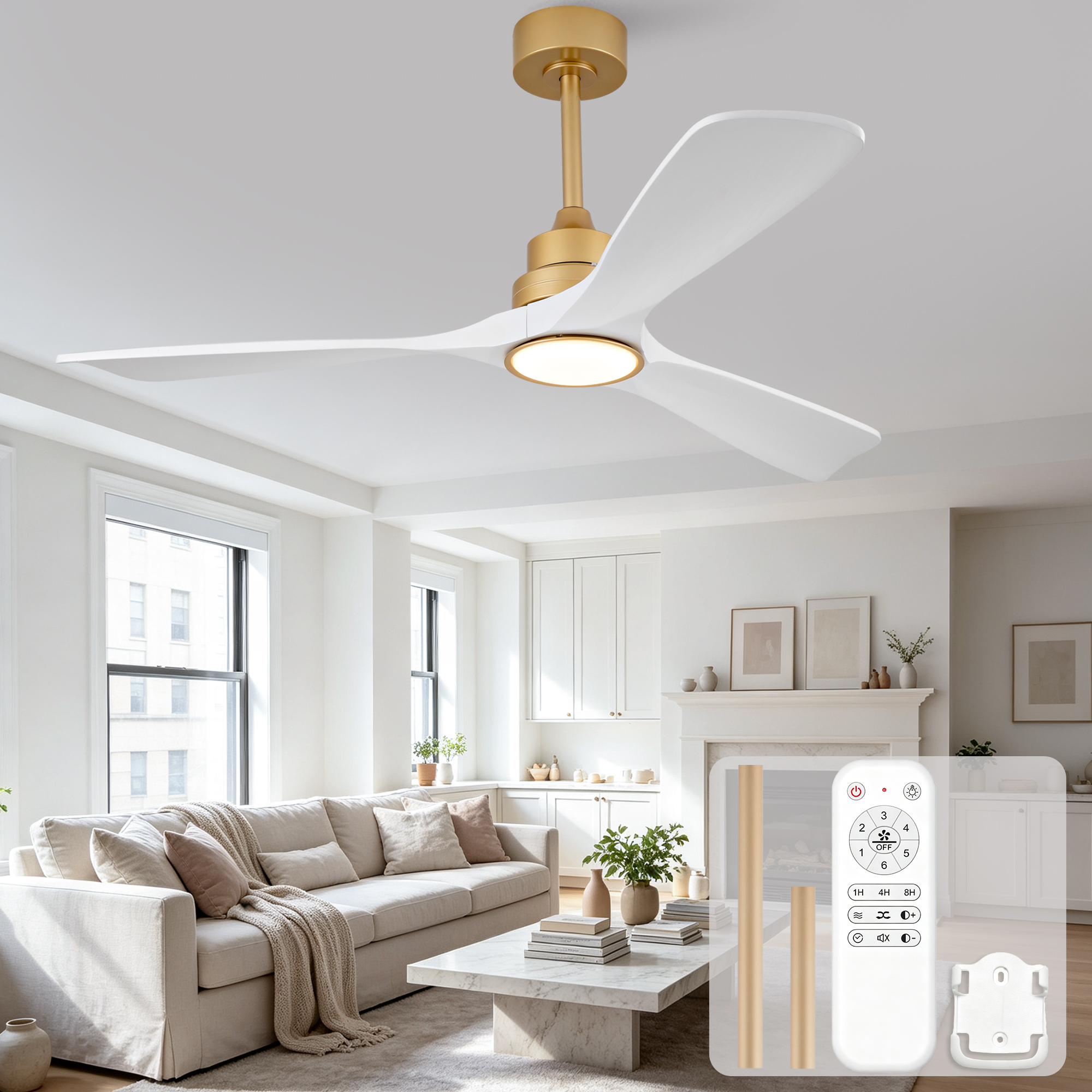 52-zoll-ventilator Von Hyundai Mit Beleuchtung Und Fernbedienung, 3 Flügel Aus Massivholz, 3cct, Dimmable