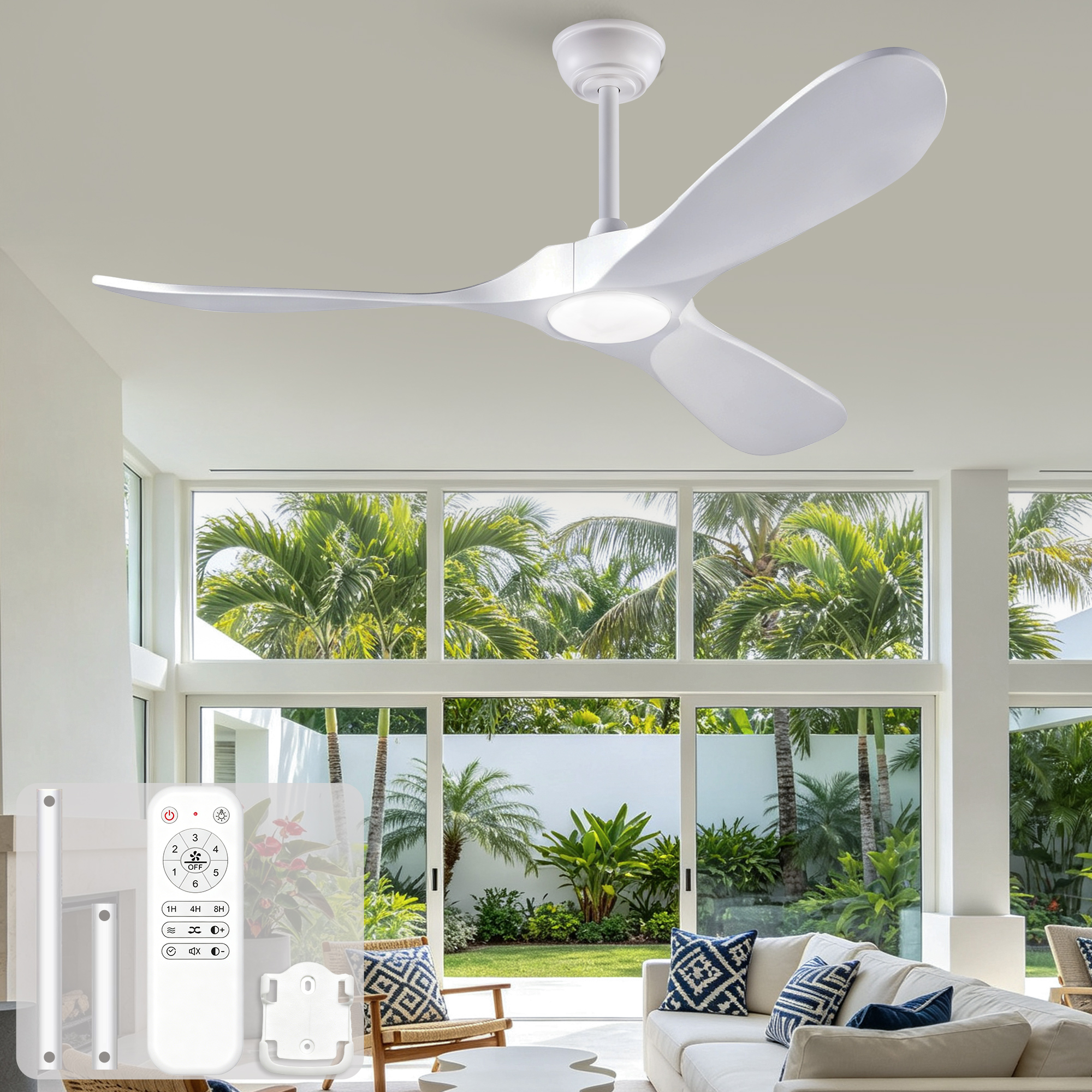 52-zoll-deckenventilator Mit Beleuchtung Und Fernbedienung, Drei Weiße Flügel Aus Massivholz, 3-farbtemperatur-regler