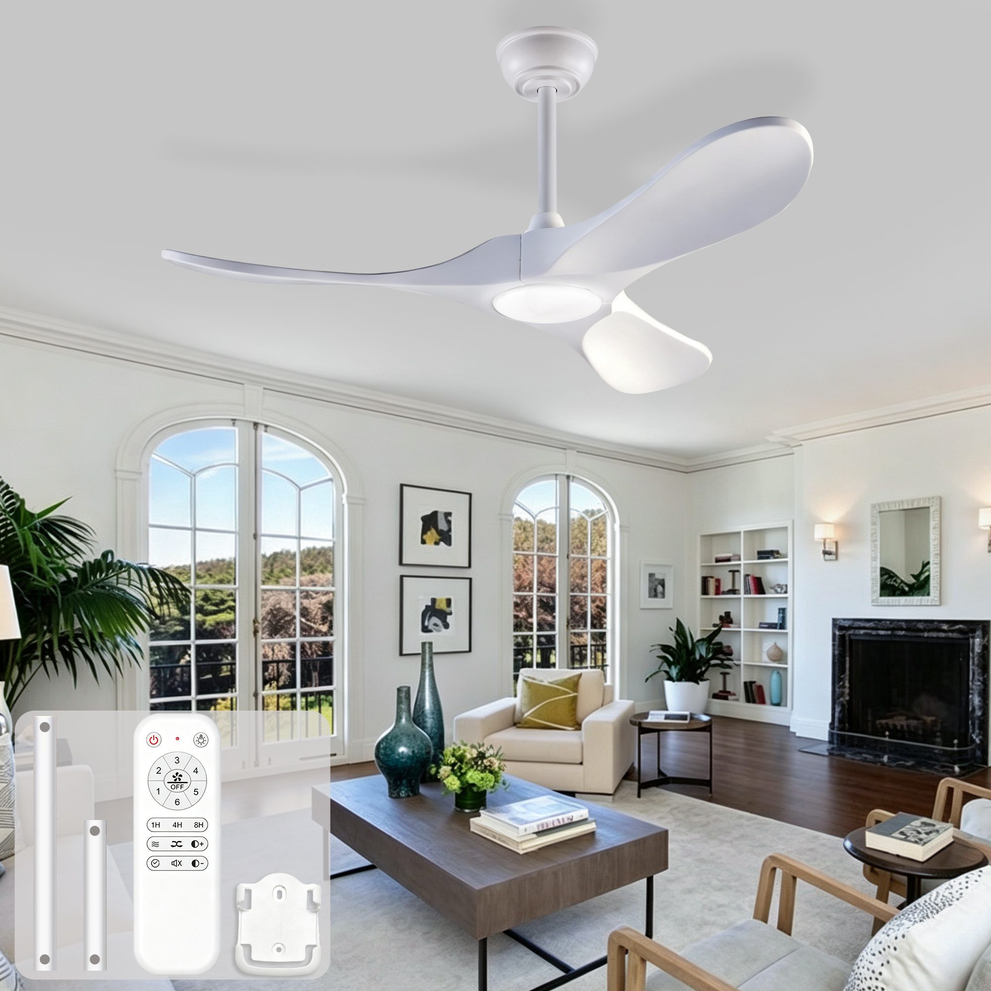 42-zoll-deckenventilator Mit Beleuchtung Und Fernbedienung, Drei Weiße Flügel Aus Massivholz, 3cct, Dimmable