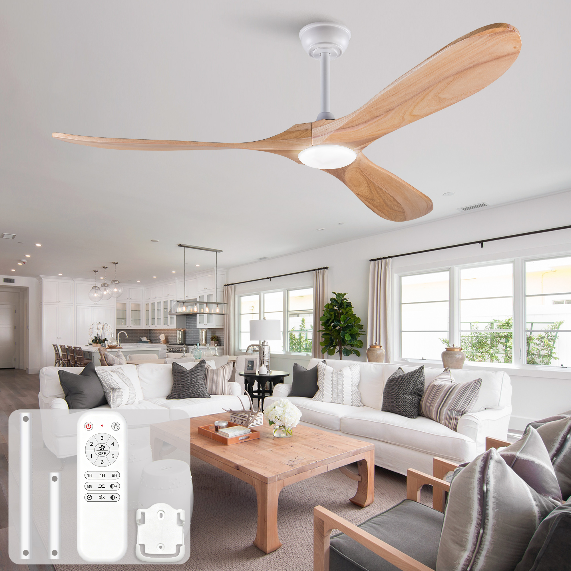 60-zoll-ventilator Mit Beleuchtung Und Fernbedienung, 3 Flügeln Aus Massivholz, 3-cct, Dimmable