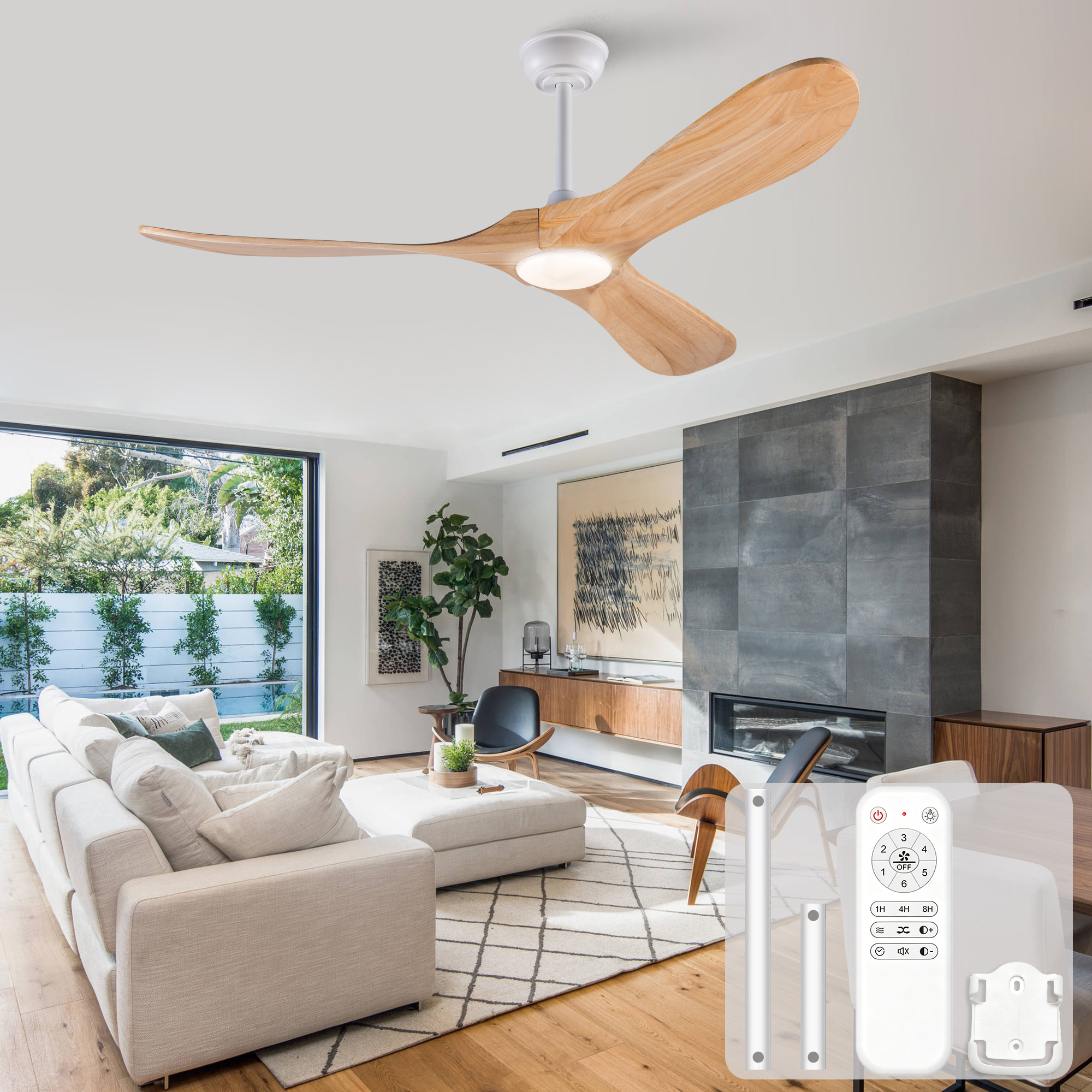 52-zoll-deckenventilator Mit Beleuchtung Und Fernbedienung, Drei Flügel Aus Massivholz, 3cct,dimmable, Reversible