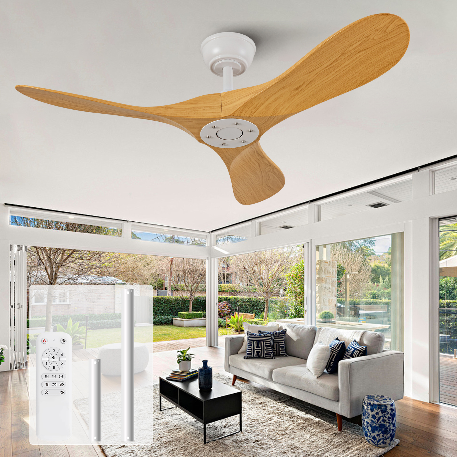 Deckenventilator 107 Cm Ohne Licht, 6 Stufen, Fernbedienung, Weiß/natur, Abs