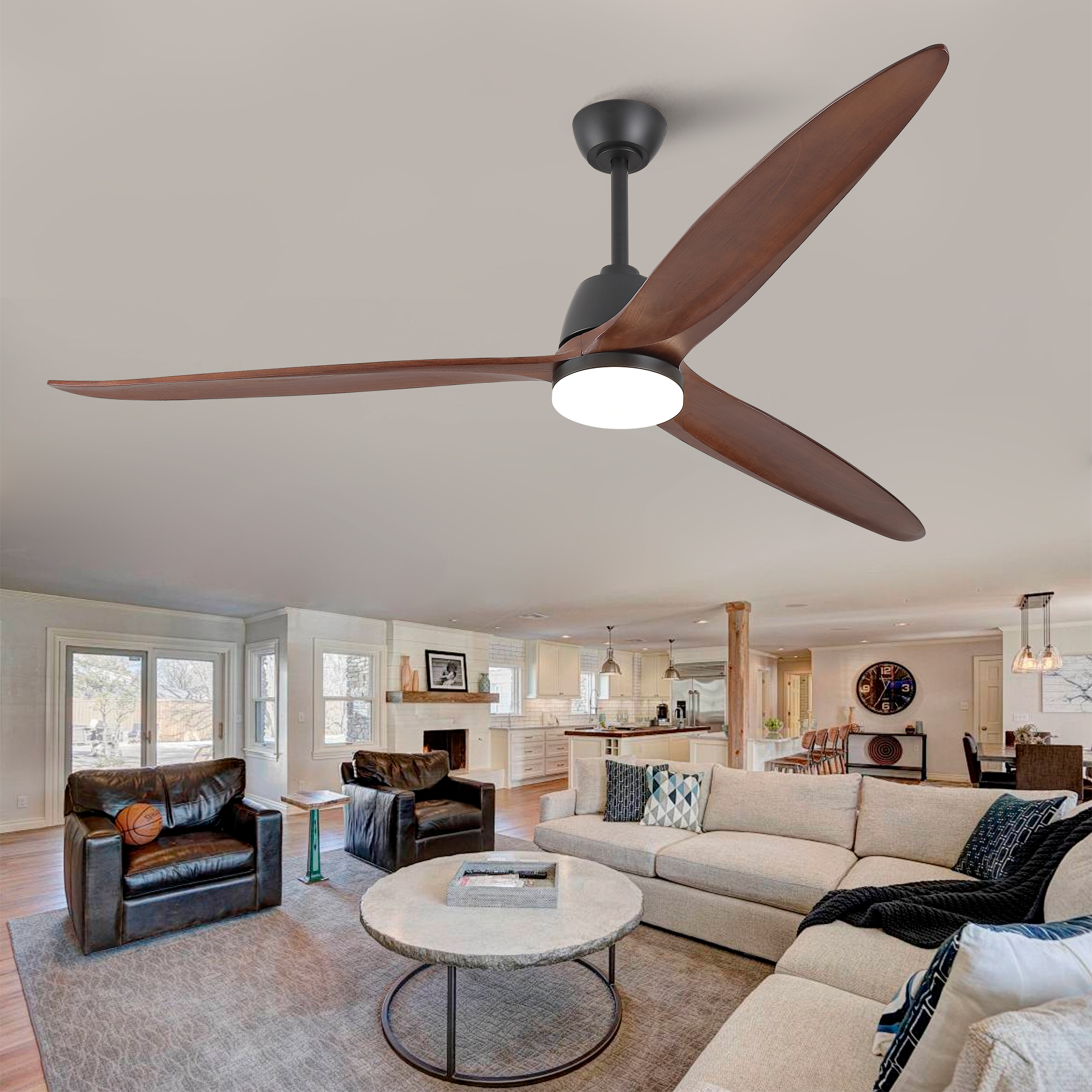 Deckenventilator 183 Cm Mit Led, 3 Massivholzflügel, Dc-motor, Steuergriff, Schwarz