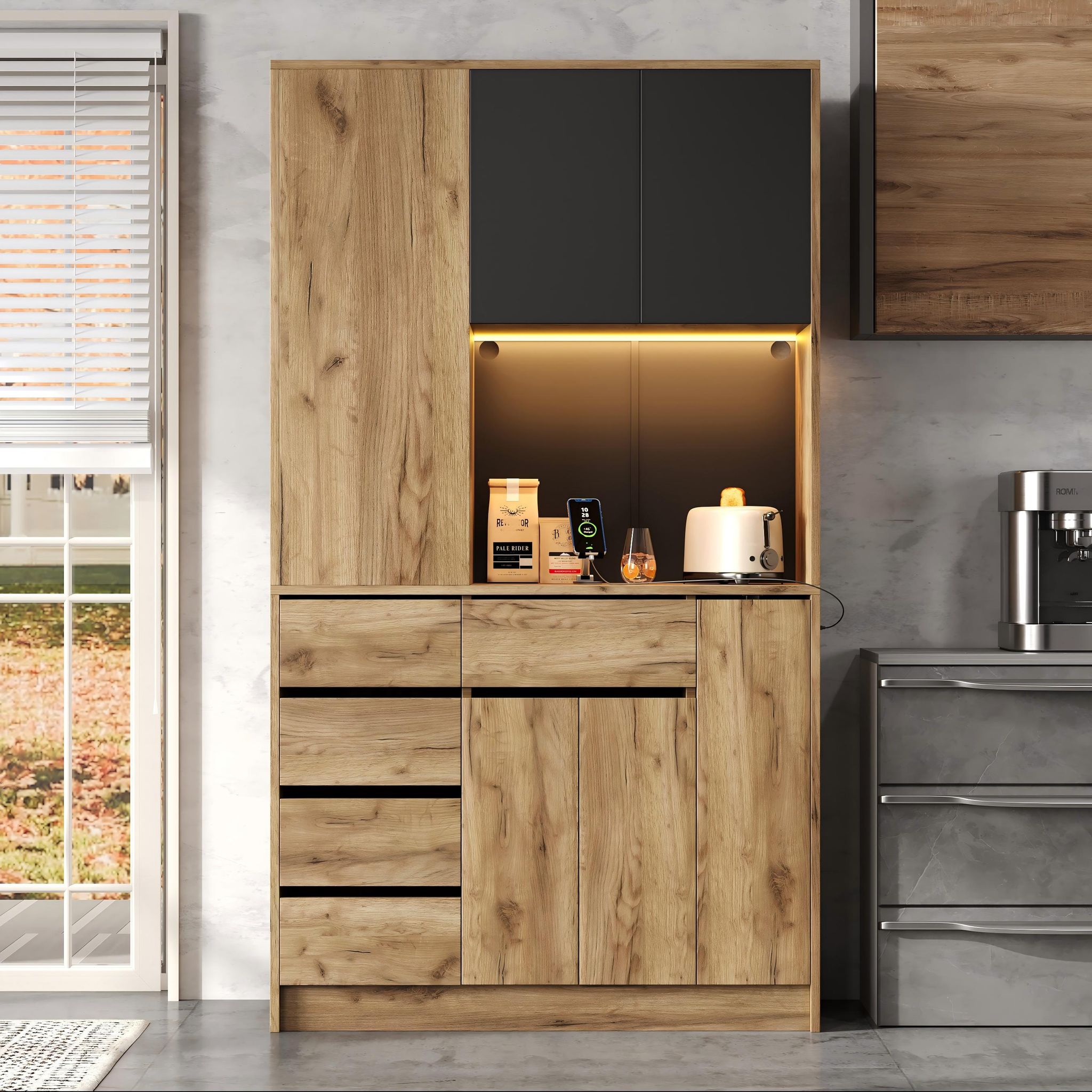 Küchenhochschrank 105x40x185 Cm Schwarz Naturholz Led Gewürzauszug Steckdose