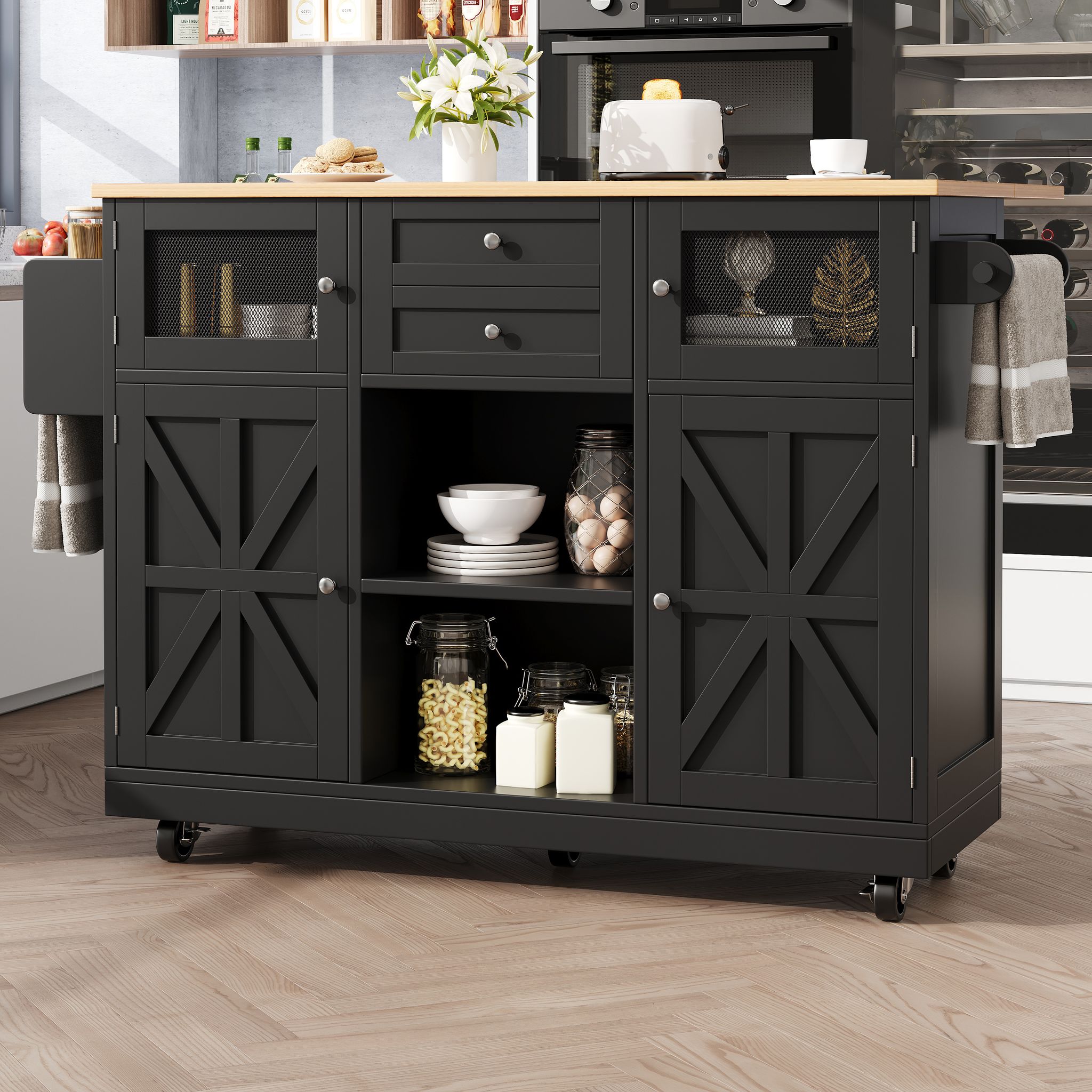 Kücheninsel Buffetwagen 140x40x93,5 Cm Schwarz Mit Rollen Weinregal 2 Schubladen