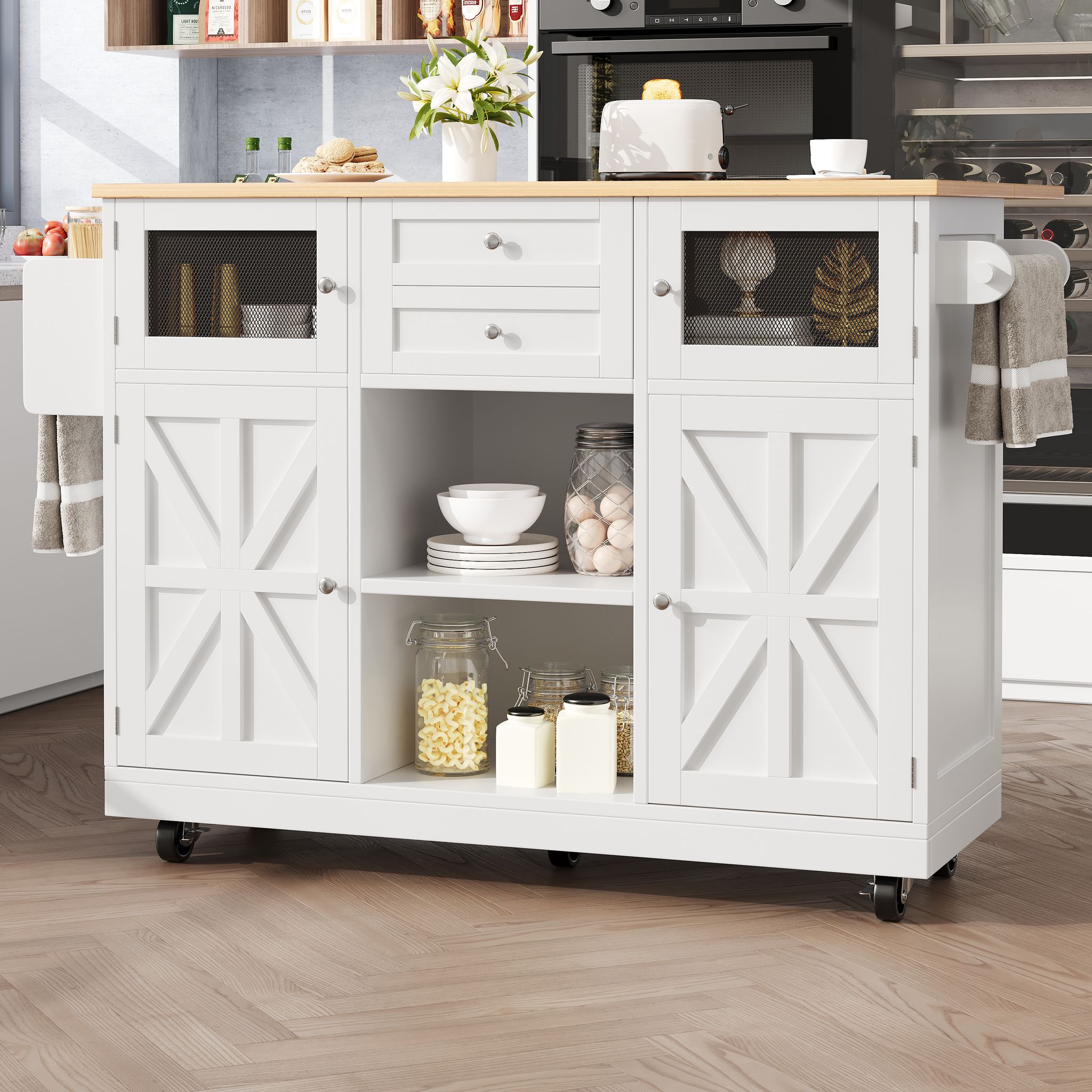 Kücheninsel Buffetwagen 140x40x93,5 Cm Weiß Mit Rollen Weinregal Klappbarer Tisch