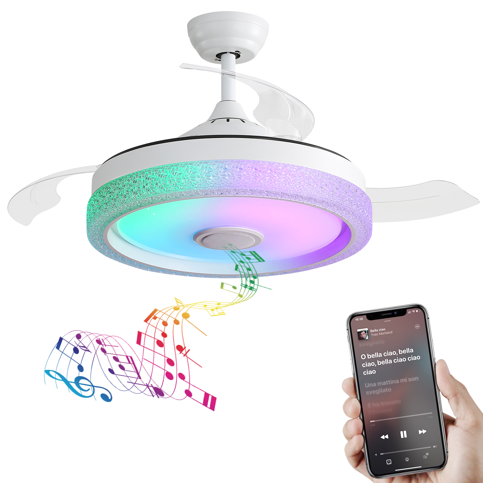 Deckenventilator 107 Cm Mit Rgb-led, Bluetooth-lautsprecher, Fernbedienung, Weiß