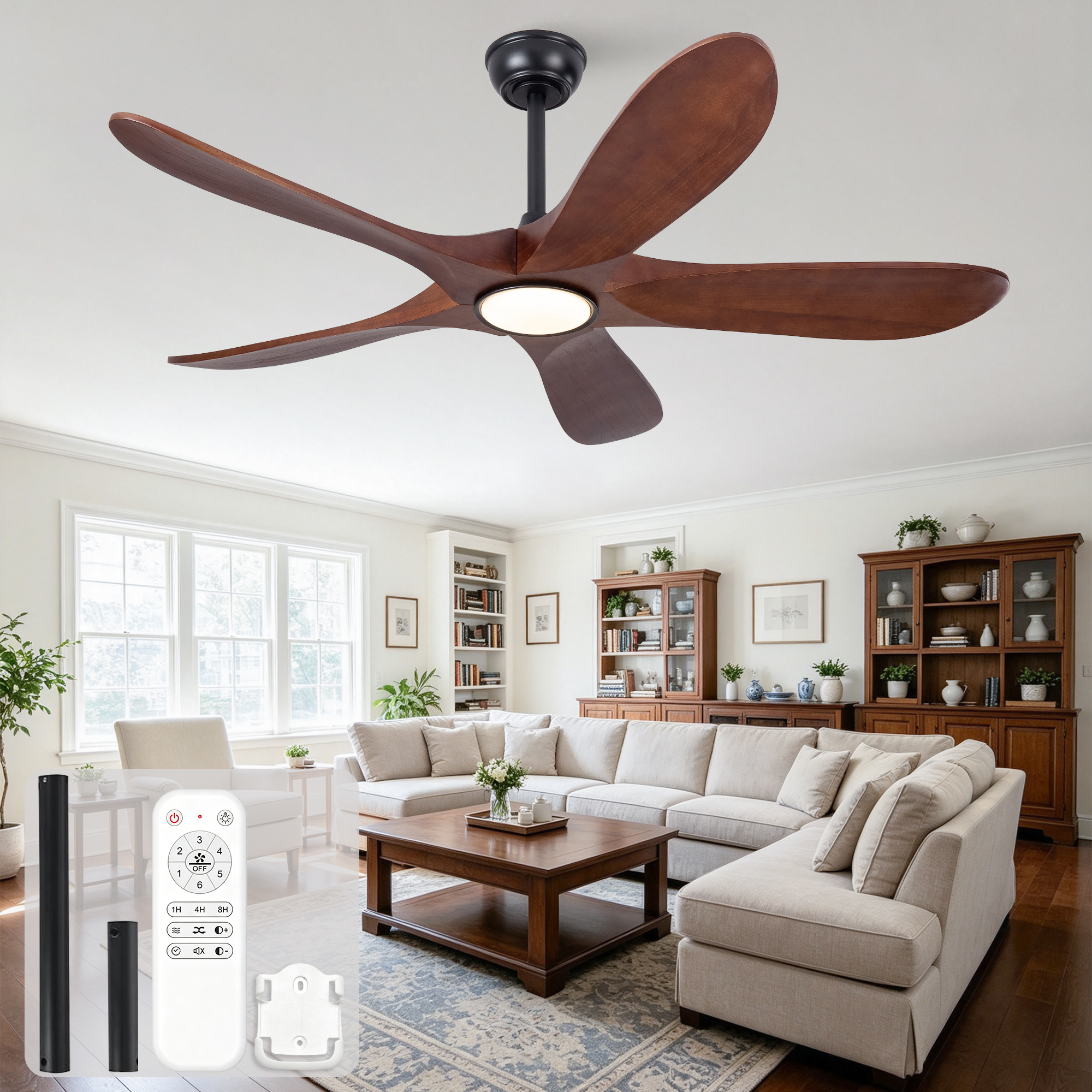 52-zoll-deckenventilator Mit Beleuchtung Und Fernbedienung, Fünf Flügel Aus Massivholz, 3cct, Dimmable