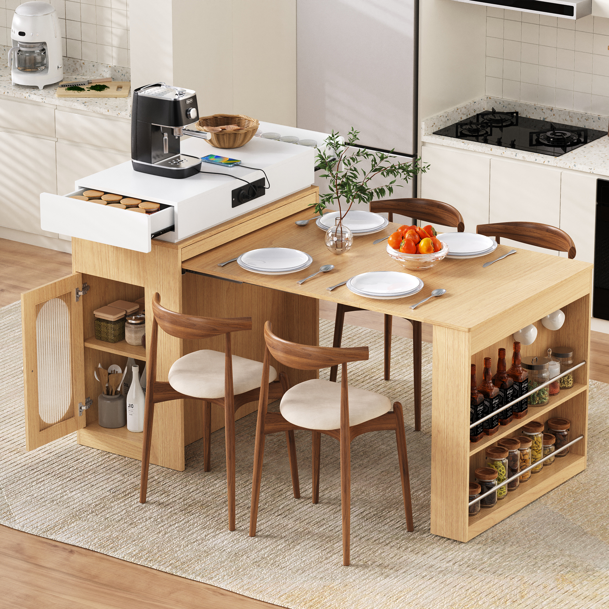 Kücheninsel Ausziehbar Mit Rollen Und Steckdosen, Naturholz-optik, 83x46x96 Cm