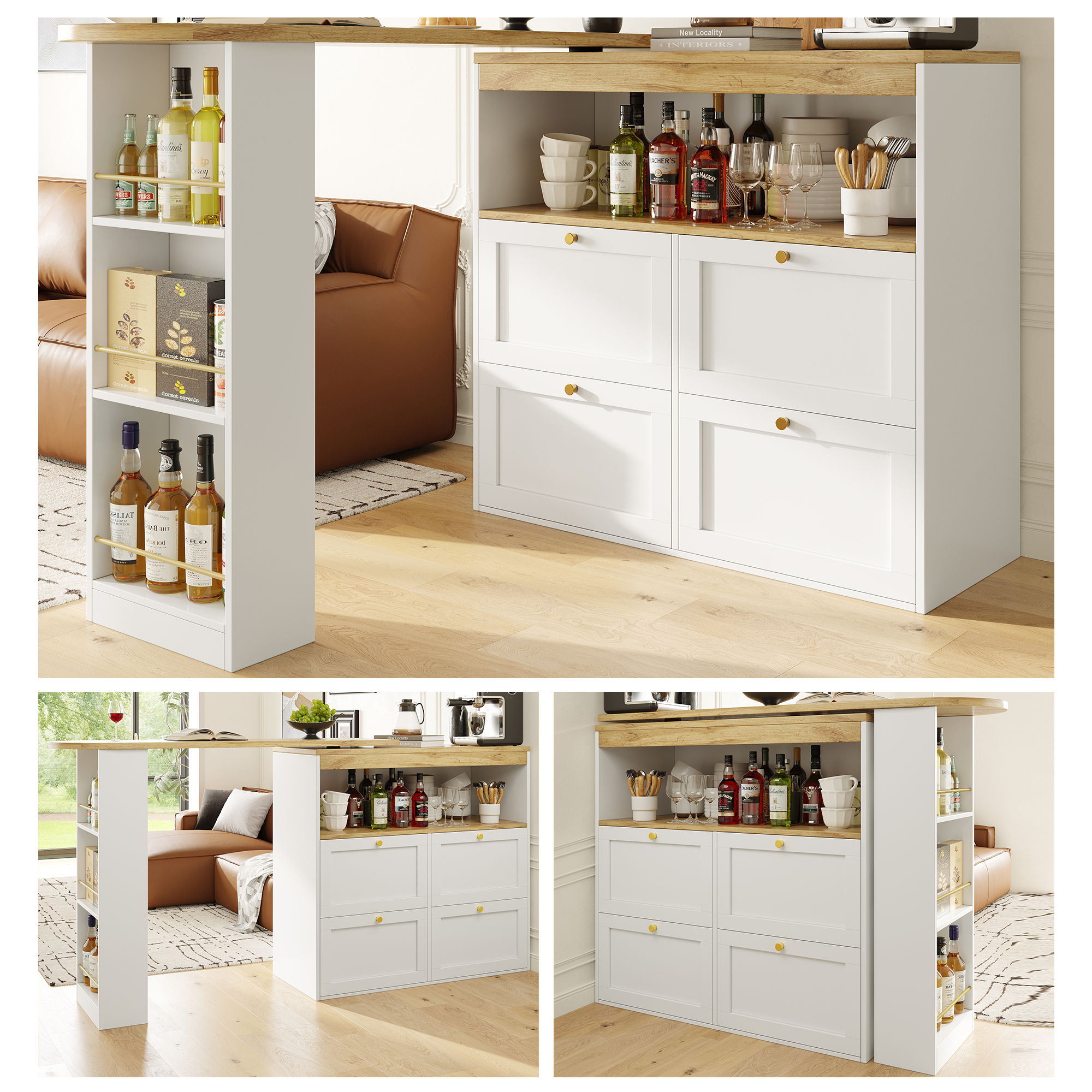 Drehbare Kücheninsel 360°, Weiß, 4 Schubladen, Offene Regale, Mdf, 105x39x102 Cm