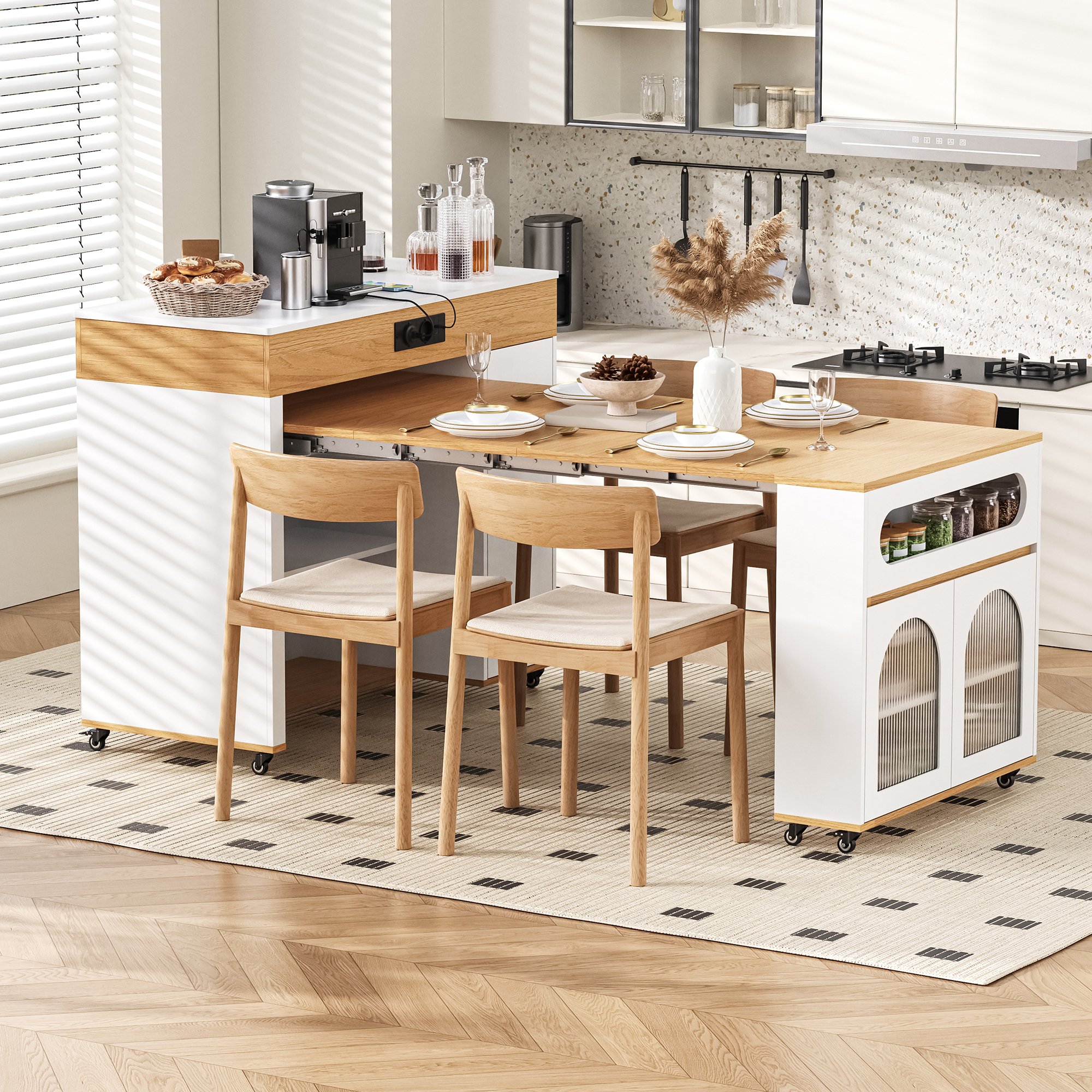 Kücheninsel Mit Rollen Ausziehbarer Esstisch Steckdosenleiste Riffglas Mdf Weiß