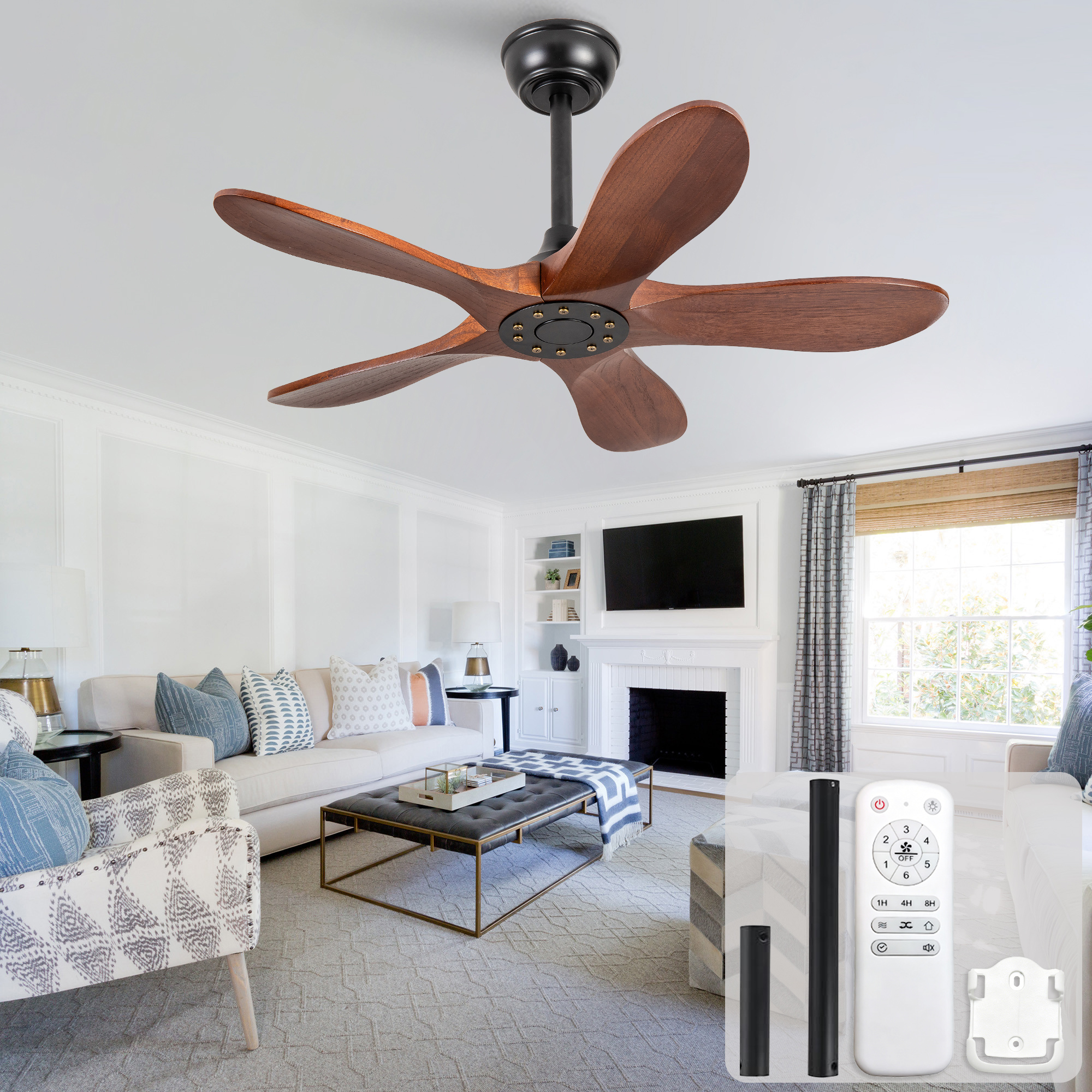 36-zoll-deckenventilator Ohne Beleuchtung, Fünf Flügel Aus Massivholz, Six-speed Reversible Fan, Anti-theft Mode