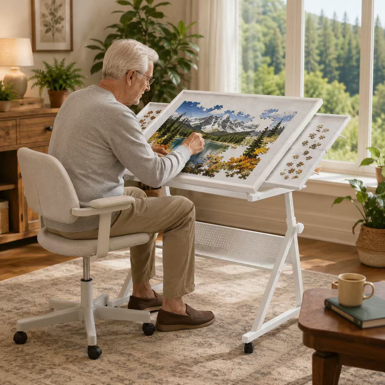 Puzzle-tisch 1500 Teile Mit 4 Aufbewahrungstabletts, Höhen- Und Neigbar, Weiß
