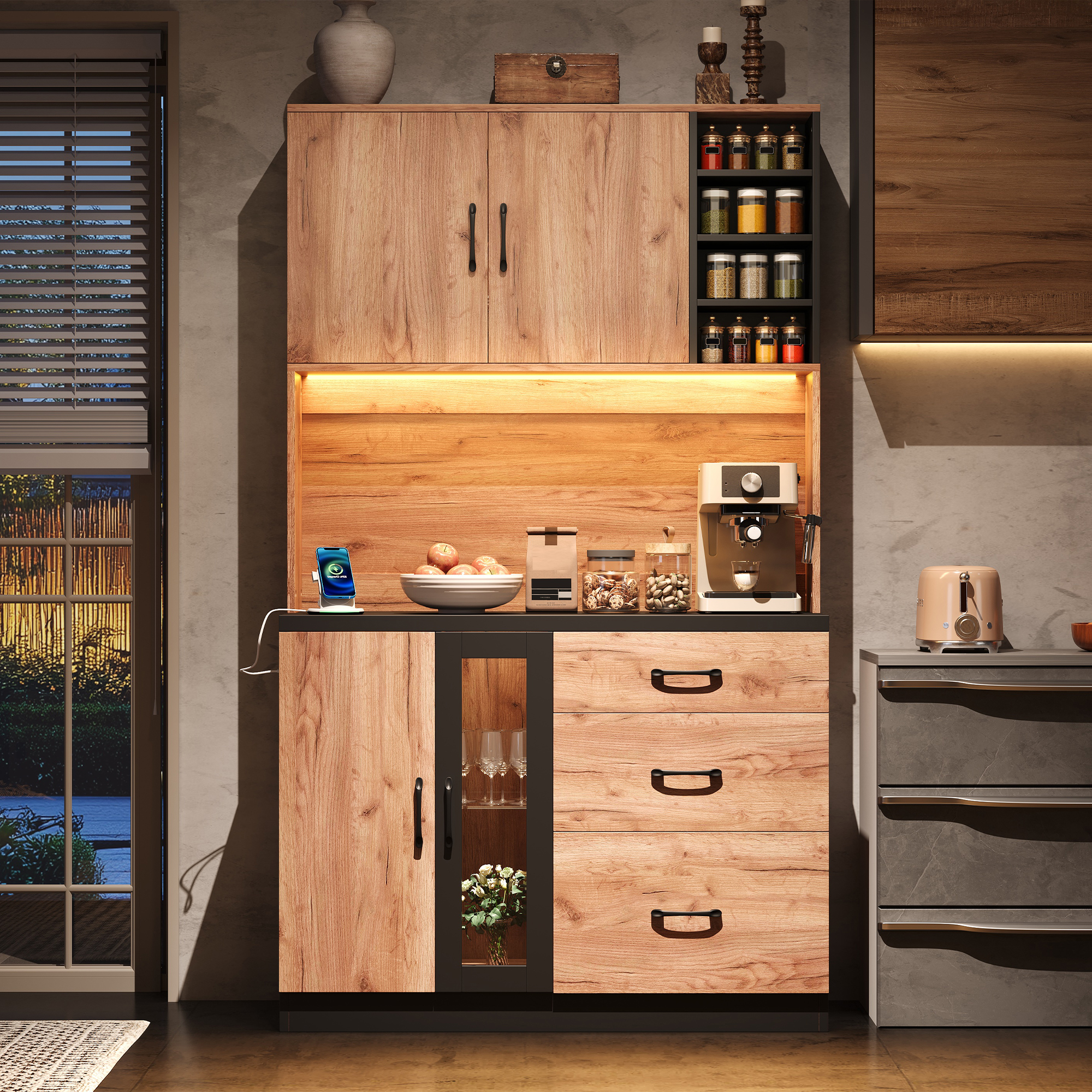 Küchenhochschrank 105x40x180 Cm Mit Led-beleuchtung Und Eu-steckdosen, Holzoptik