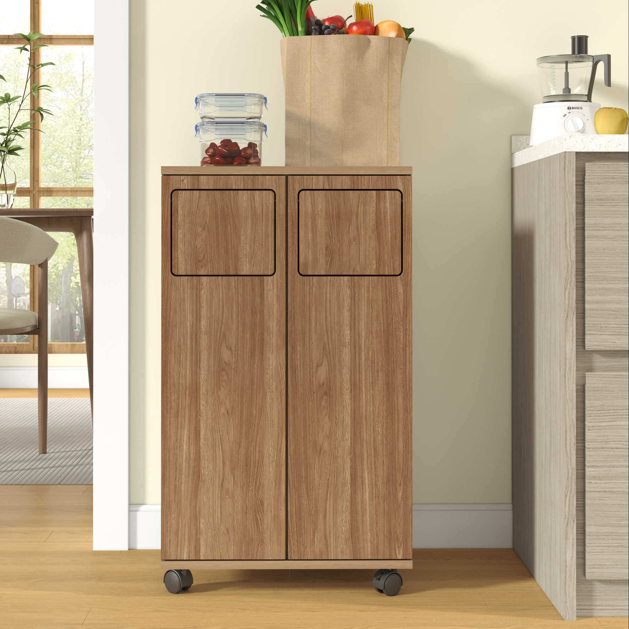 Mülltrennschrank 46,7x35x80 Cm Rollbar, Eiche-optik, 2 Fächer Mit Rollen