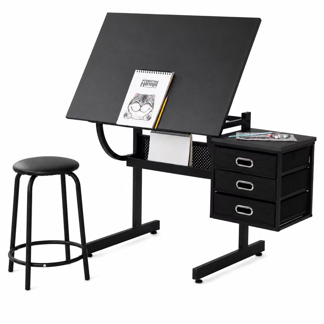 Zeichentisch Schwarz Mit Hocker Und 3 Schubladen, Neigbare Platte, Mdf/metall