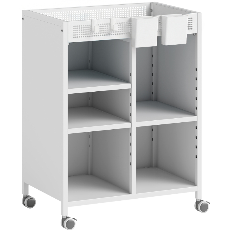Bücherregal Auf Rollen, 4-stufig, Verstellbare Böden, Hängekörbe, Weiß