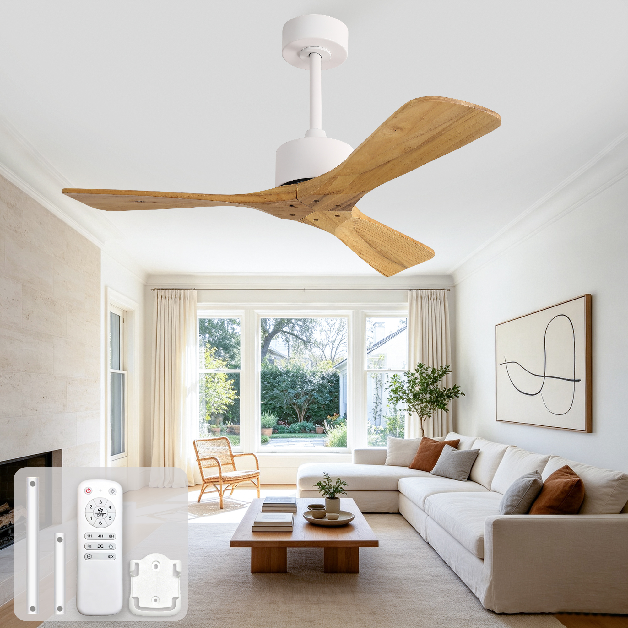 Moderner 42-zoll-deckenventilator Ohne Leuchte, Mit Drei Propellerflügeln Aus Massivem Naturholz, Remote Control