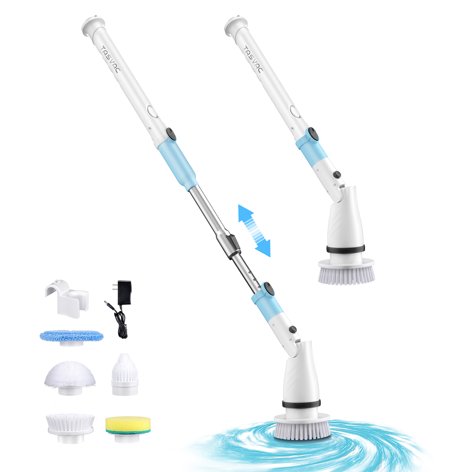 Tasvac Eb5 Cordless Spin Scrubber, 450rpm With 5 Brush Heads, Blue & White