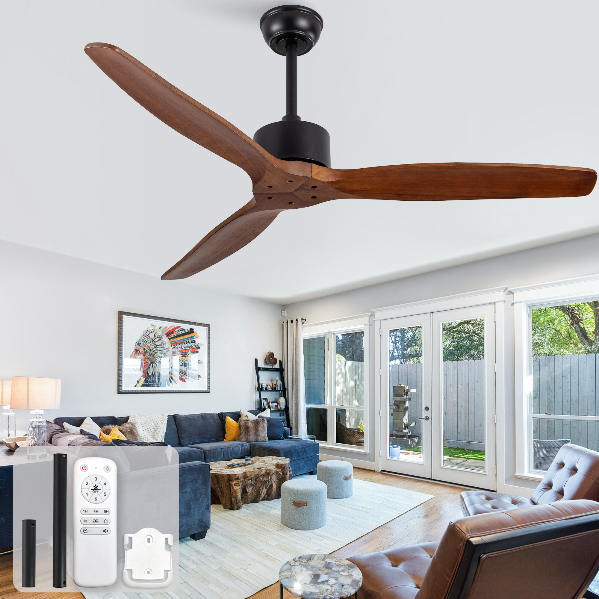 52-zoll-deckenventilator Ohne Beleuchtung, Inklusive Fernbedienung, Mit Drei Flügeln Aus Massivholz