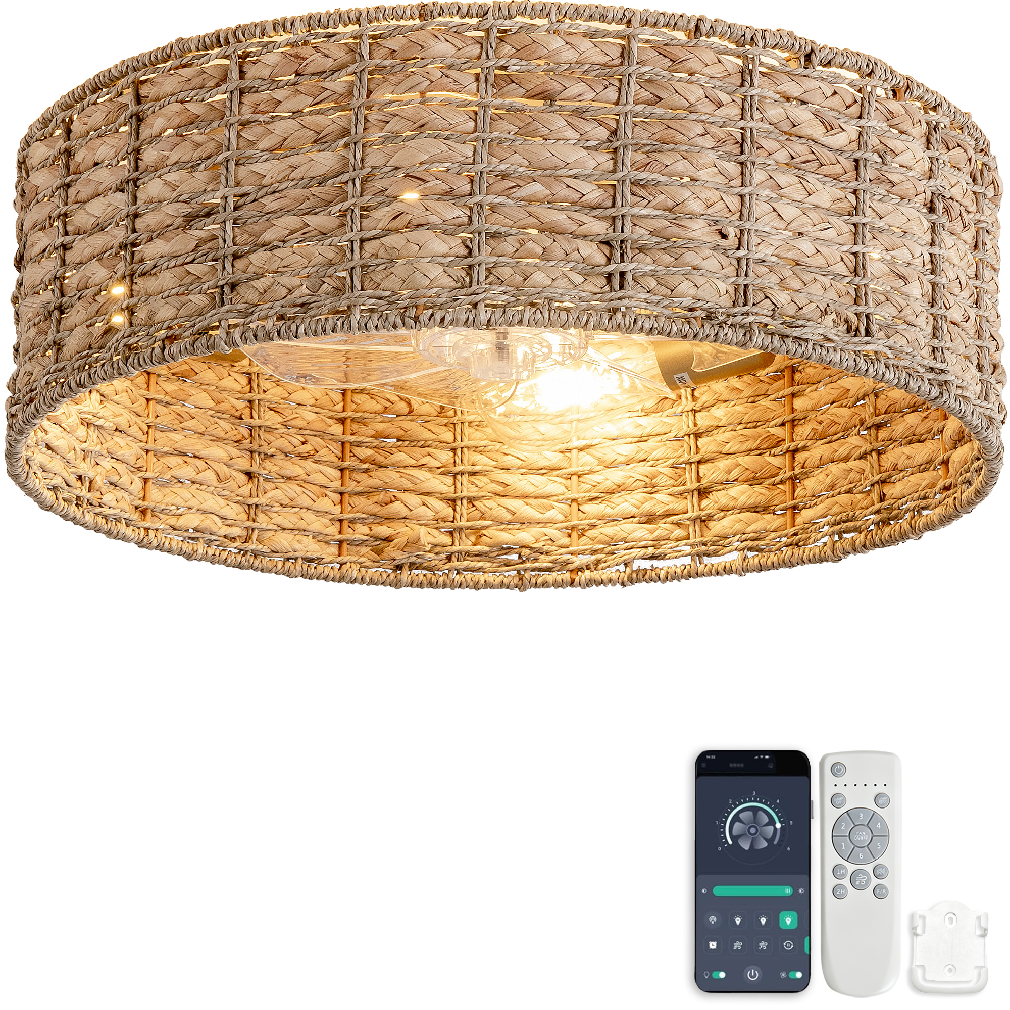 19-inch Natural Rattan Ceiling Fan Light, Dual Control Via App And Remote, 6-speed Reversible Fan, Abs-flügel