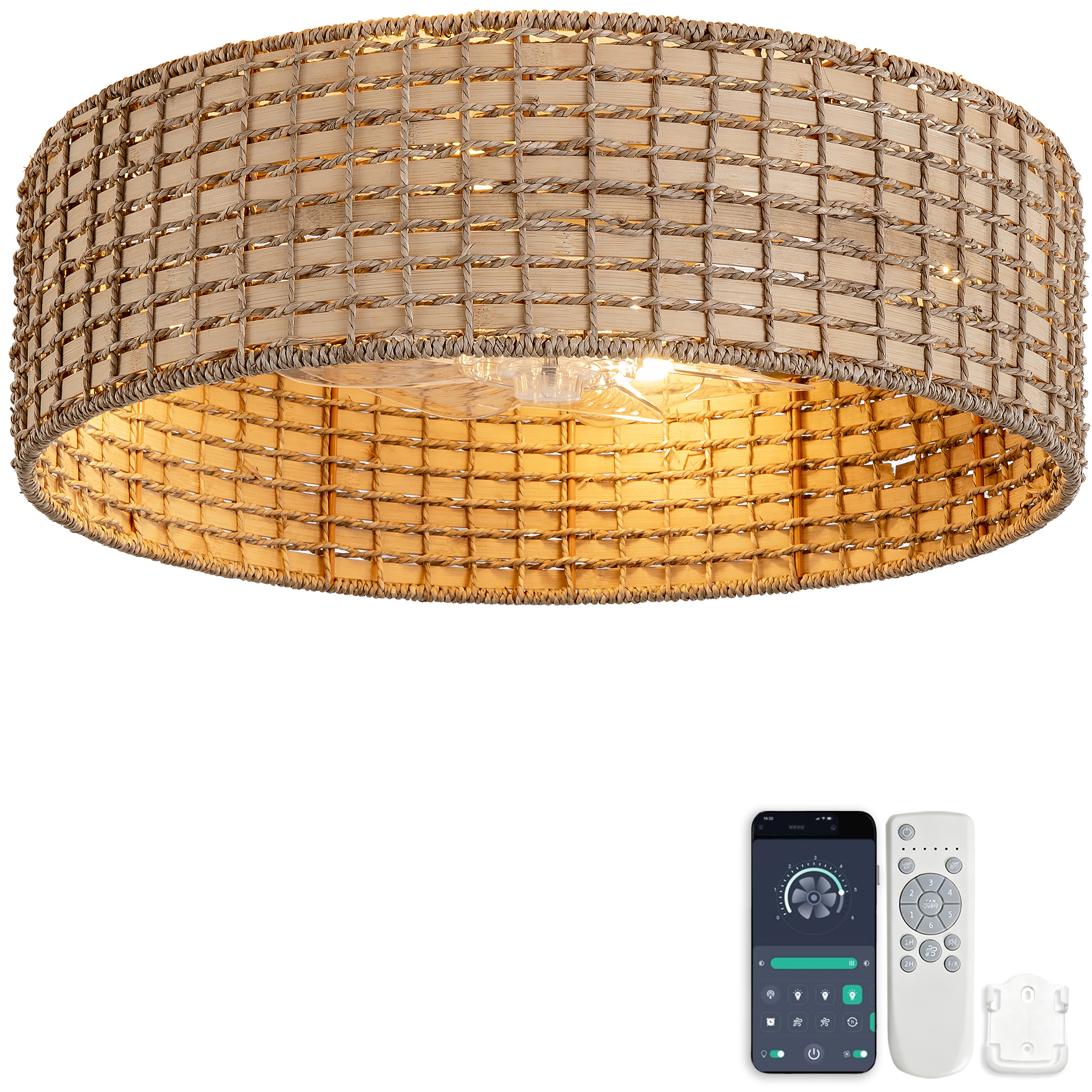 19-inch Square-pattern Rattan Ceiling Fan Light, Dual Control Via App And Remote, 6-stufiger, Umkehrbarer, Abs-flügel