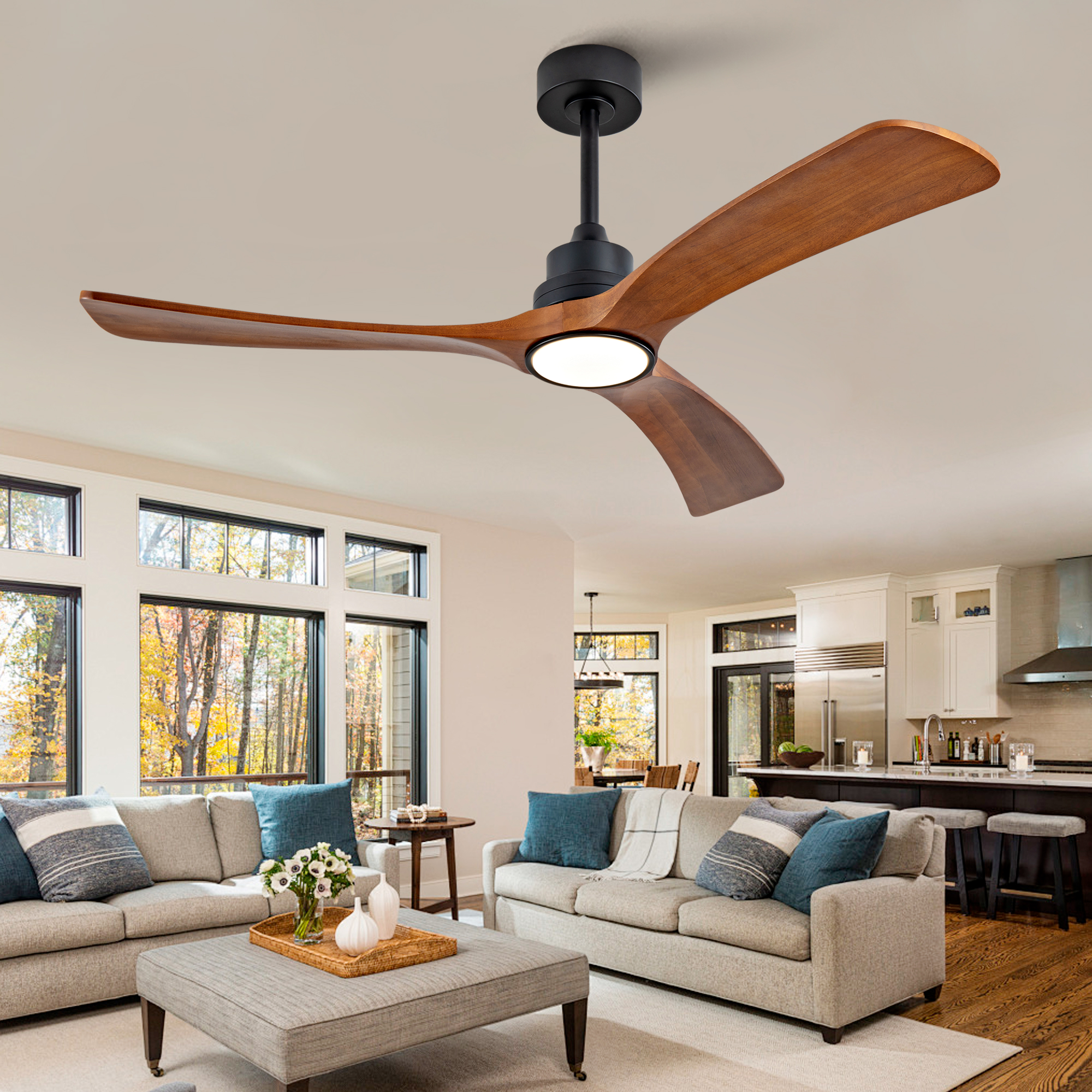 Neuer 52-zoll-deckenventilator Mit Licht, 3 Massivholzflügeln, Intelligente Doppelsteuerung (remote & Wall Switch)