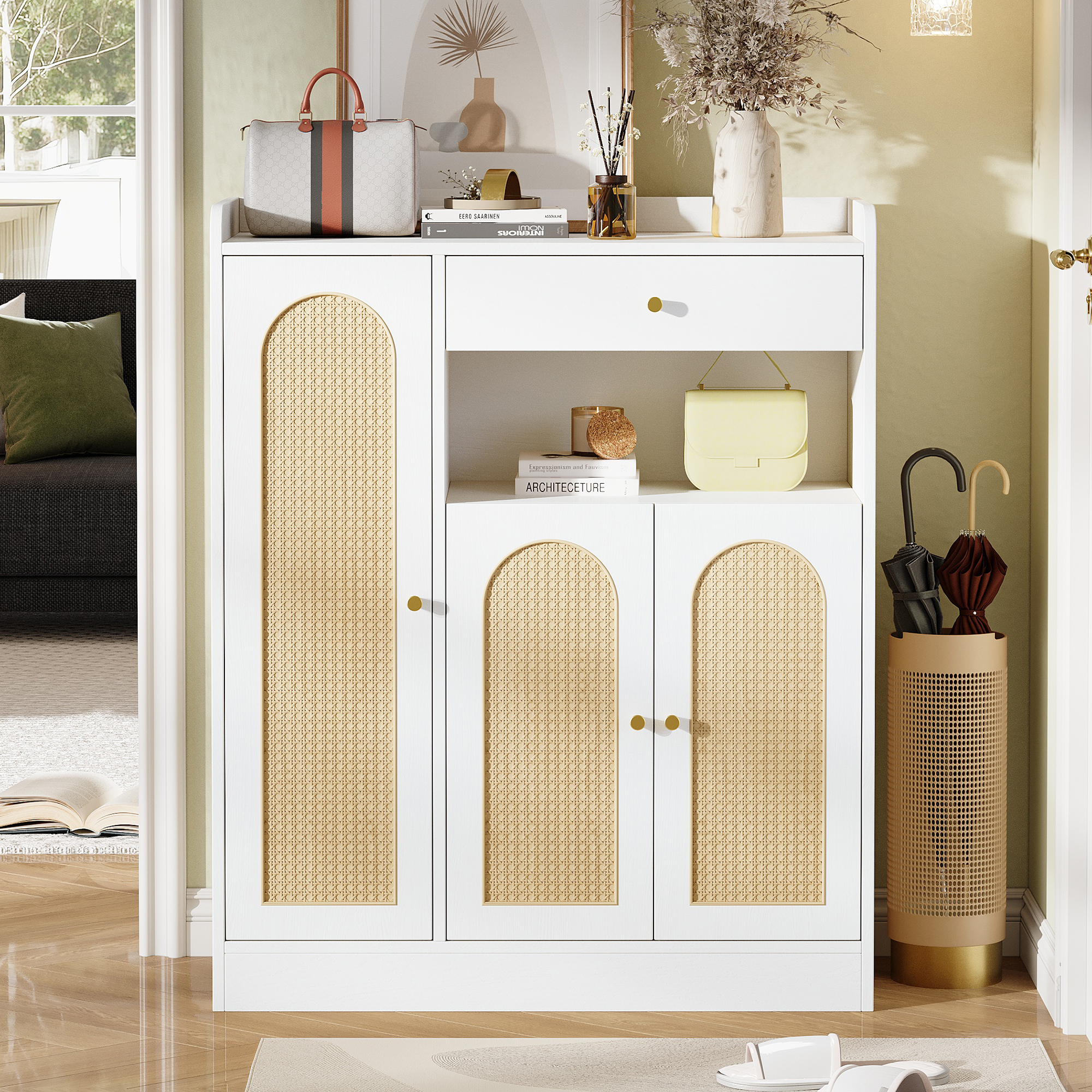 Rattan Schuhschrank / Aufbewahrungsschrank Mit Stauraum, 1 Schublade, 3 Türen Mit Verstellbaren Regalen