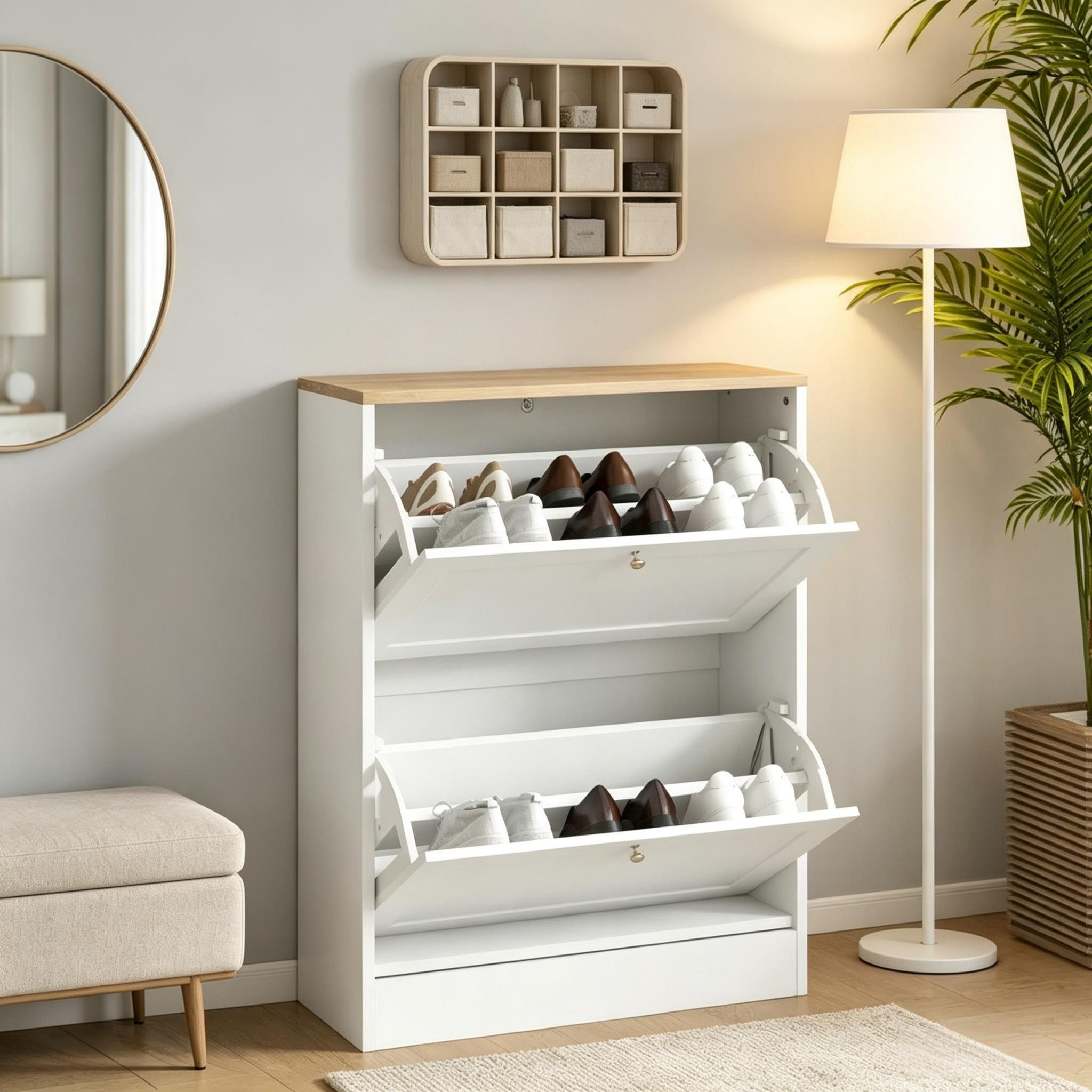Schmaler Schuhschrank, Moderner Schrank Mit 2 Klappfächern Und Verstellbaren Regalböden