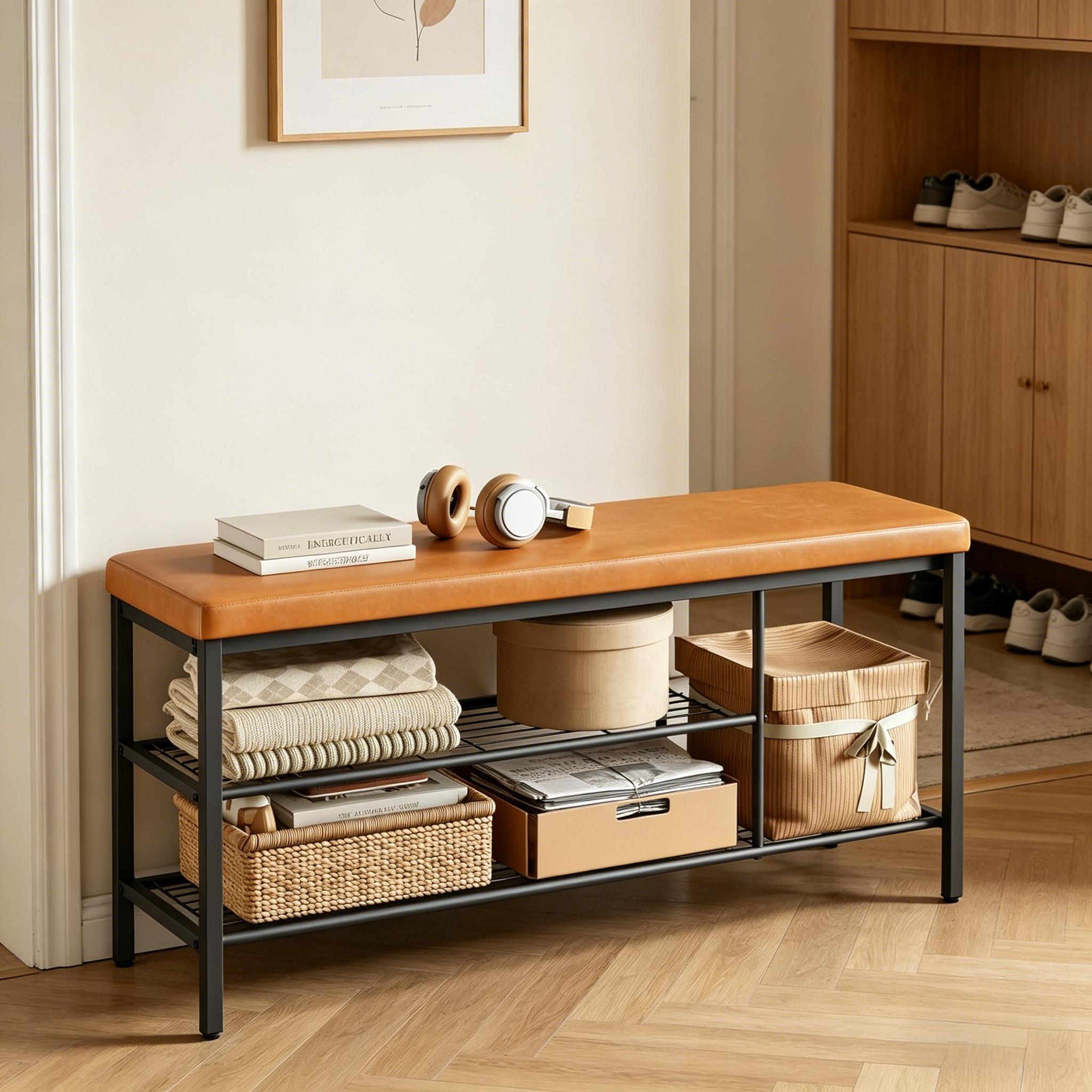 Schuhbank Mit Sitz Und Offenen Fächern, Schwarz Braun, Kunstleder Metall, 100x30x50 Cm